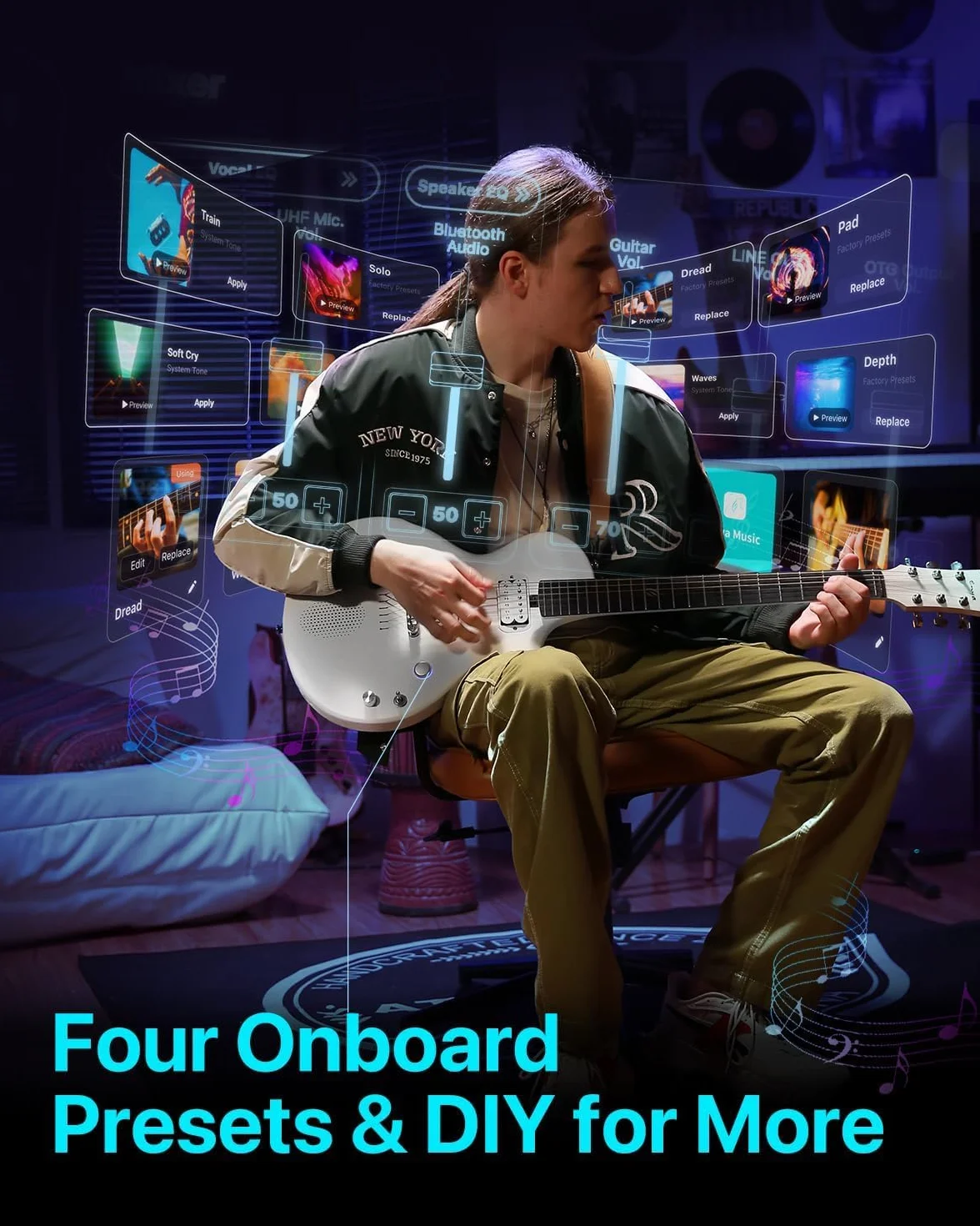 Guitarra Eléctrica Enya Nova-Go Sonic - Guitarra Inteligente de Fibra de Carbono Blanca con Altavoz Inalámbrico de 10 W, Preajustes Integrados, Cable de Carga, Llave de Ajuste y Bolsa de Transporte