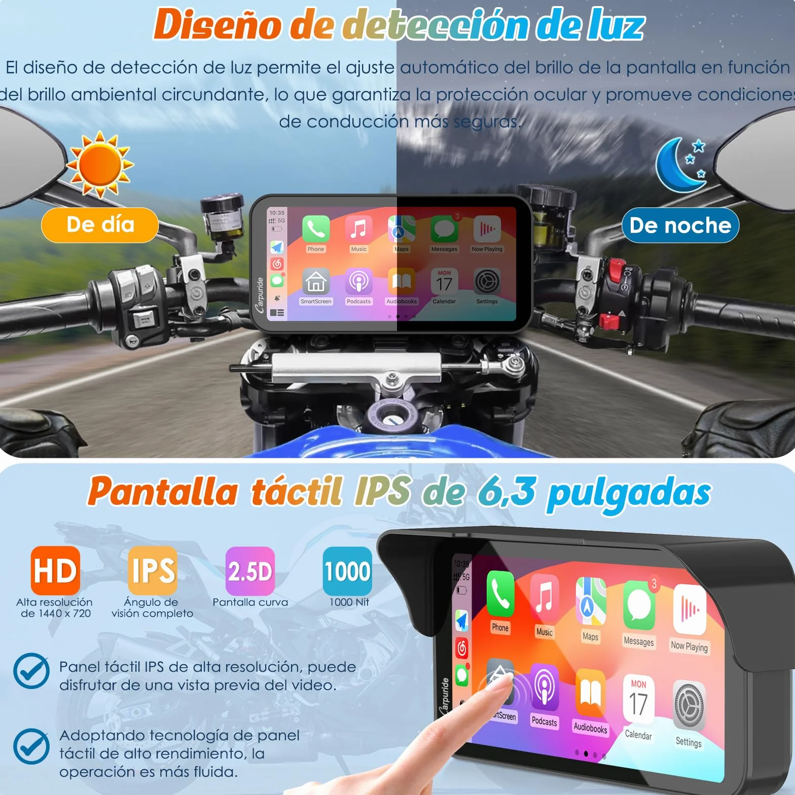 Carpuride W603 Pantalla Carplay Motocicleta 6,3" Inalámbrico Android Auto Impermeable GPS