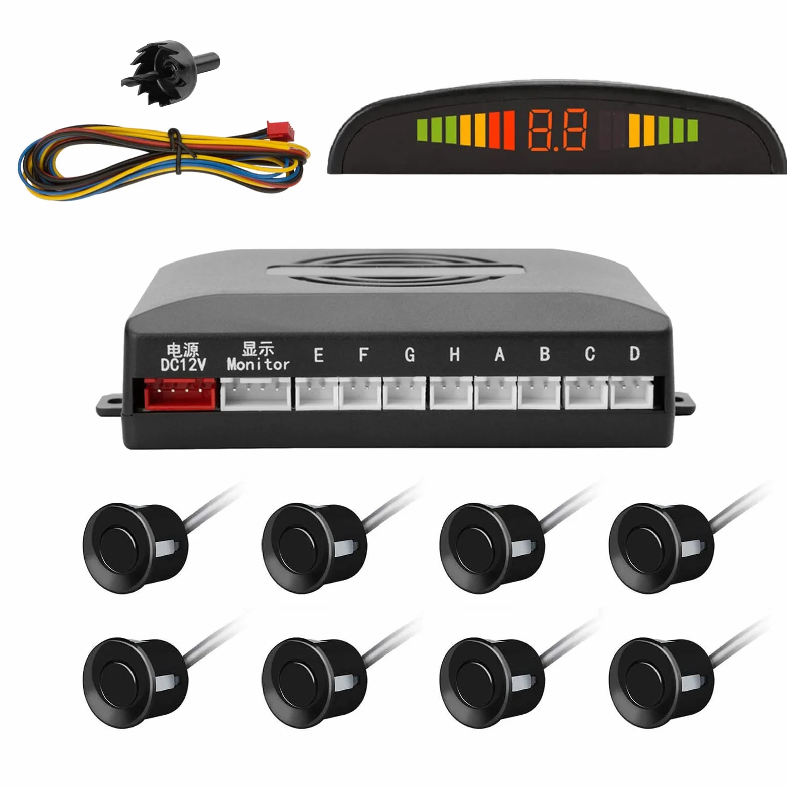 TKOOFN Kit de Sensor de Aparcamiento,Sistema de Sensor de Estacionamiento,8 Sensores para el Coche de Sistema de aparcamiento digital con pantalla LED - Negro