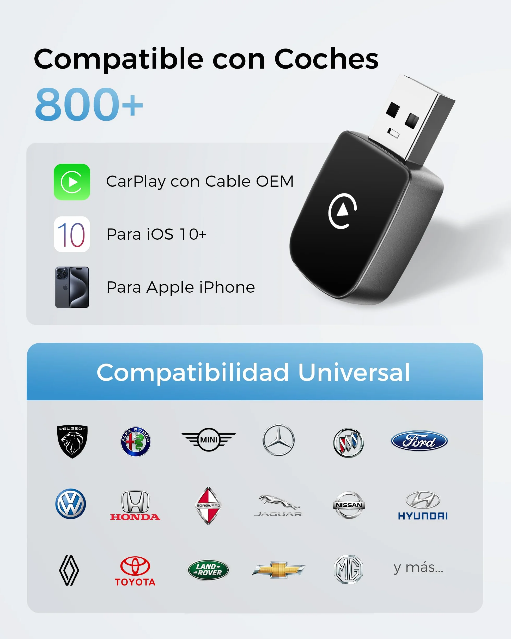 Adaptador CarPlay Inalámbrico Bluetooth V5.3 Doble Núcleo WLAN 5.8 GHz para Apple iPhone iOS 10+