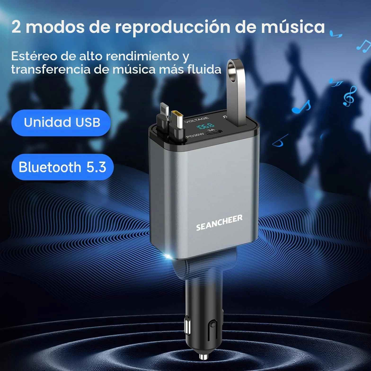 SEANCHEER Cargador Coche USB C Transmisor FM Bluetooth, Cargador Mechero 69W 2 Cables Retráctiles, Bluetooth 5.3, USB Mechero 24V/12V (Gris [C+Lightning])