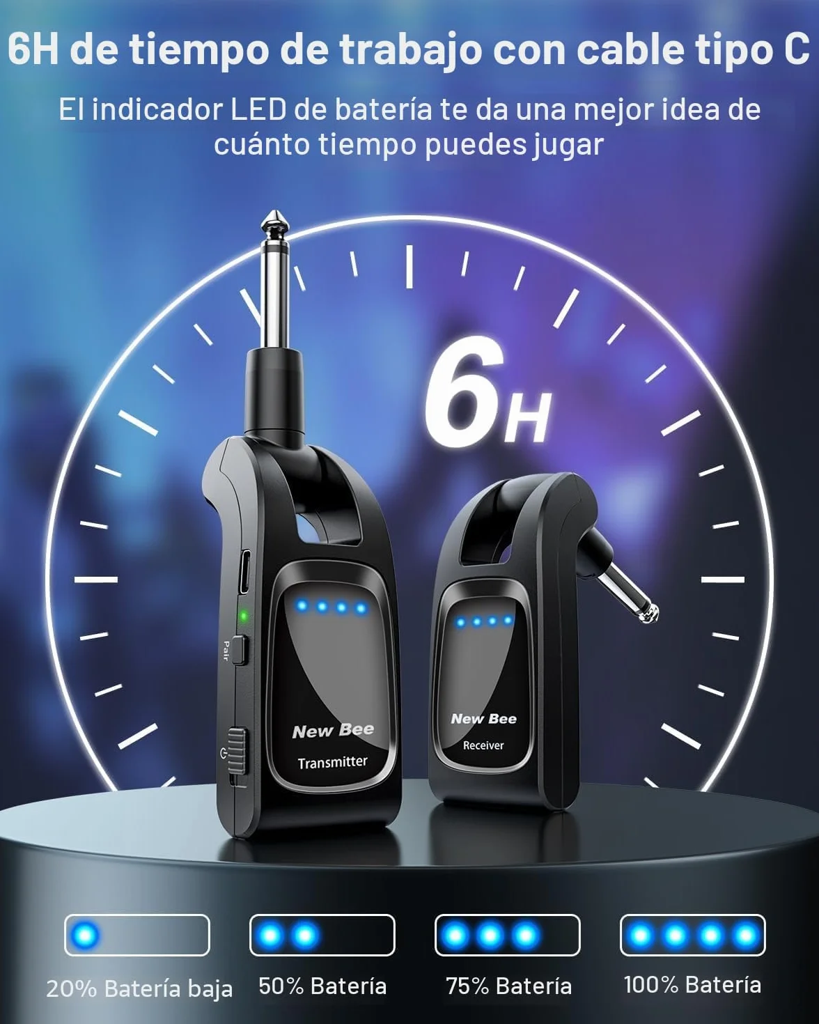 Sistema Inalámbrico de guitarra,New Bee 2.4GHz con 6 Canales de Audio Recargable Transmisor Receptor Inalámbrico de Guitarra para Guitarra bajo Instrumentos Eléctricos(Negro)
