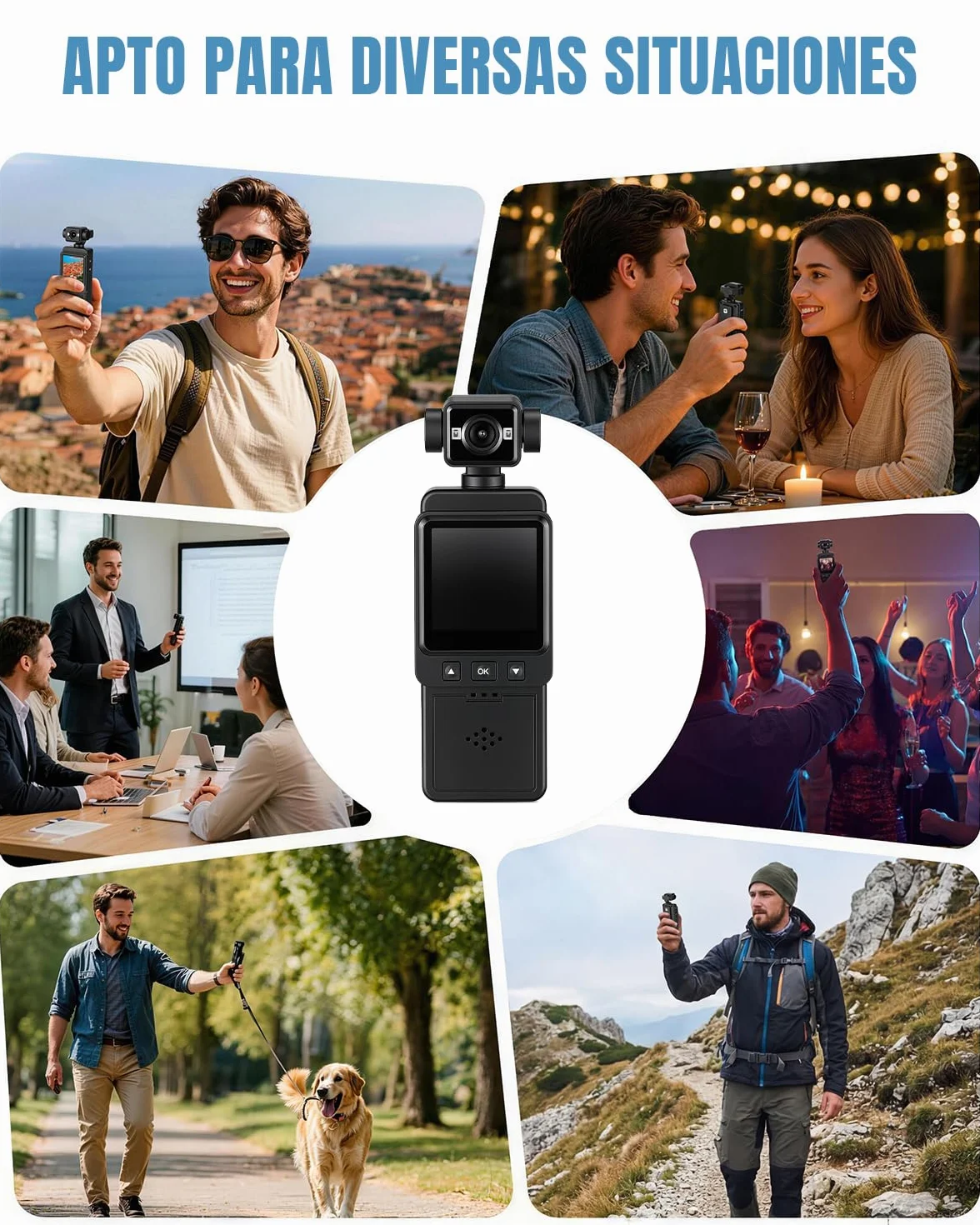 Cámara Deportiva 4K, Mini Body CAM con Camara Corporal Lente Giratoria de 270°， POV Videocámara por Vlog para Deportes, Viajes y Vlogging