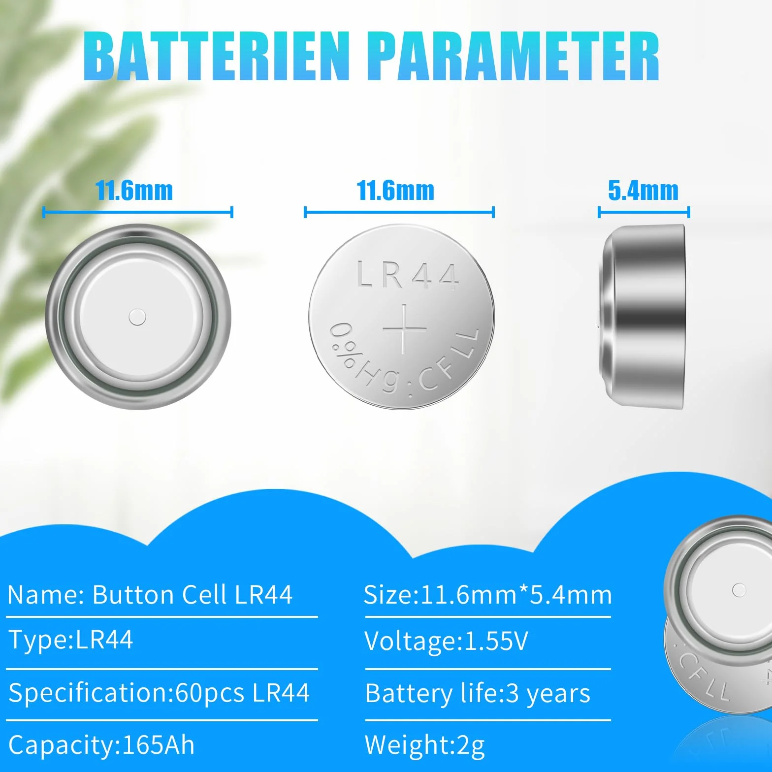 60 Pilas LR44, 1.5 V Pila LR44 AG13 Pilas de Boton Reloj (357/357A/L1154/A76/SR44W)