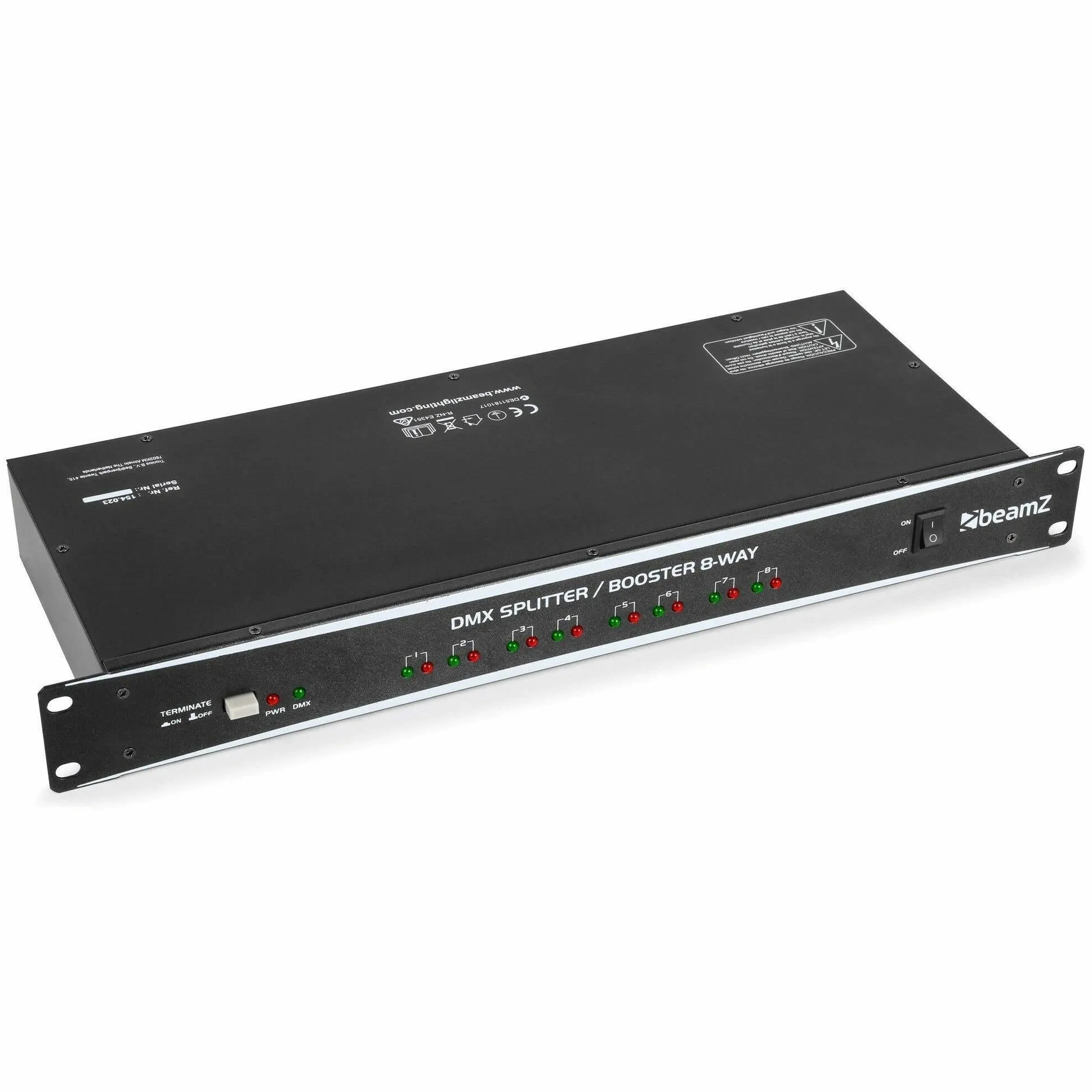 Beamz DMX8 Splitter-Booster de 8 vías. Repartidor de señal DMX con Control DMX-512 (Entrada XLR, 8 Salidas XLR aisladas, recibe y distribuye señales) Formato Rack 19 Pulgadas, Resistencia de 120 Ohms