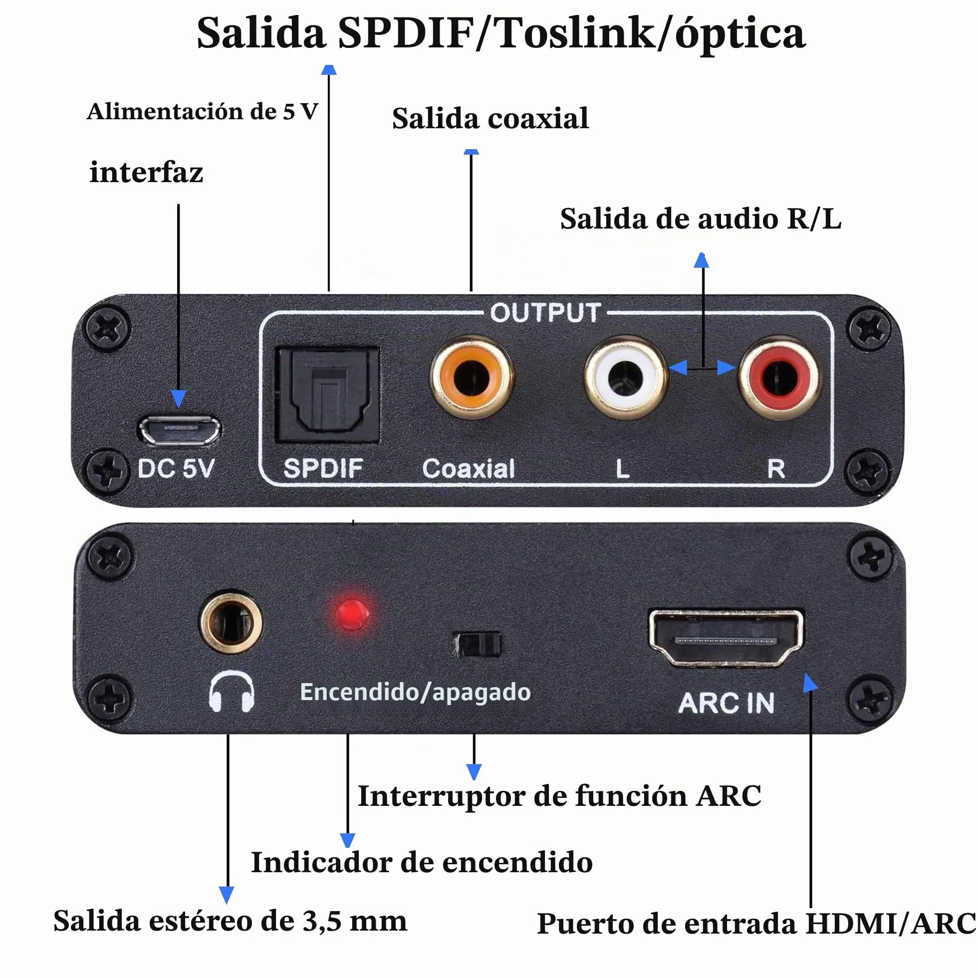 Extractor HDMI ARC, adaptador divisor con óptico TOSLINK, SPDIF coaxial y analógico 3.5 mm L/R estéreo para amplificador HDTV altavoz