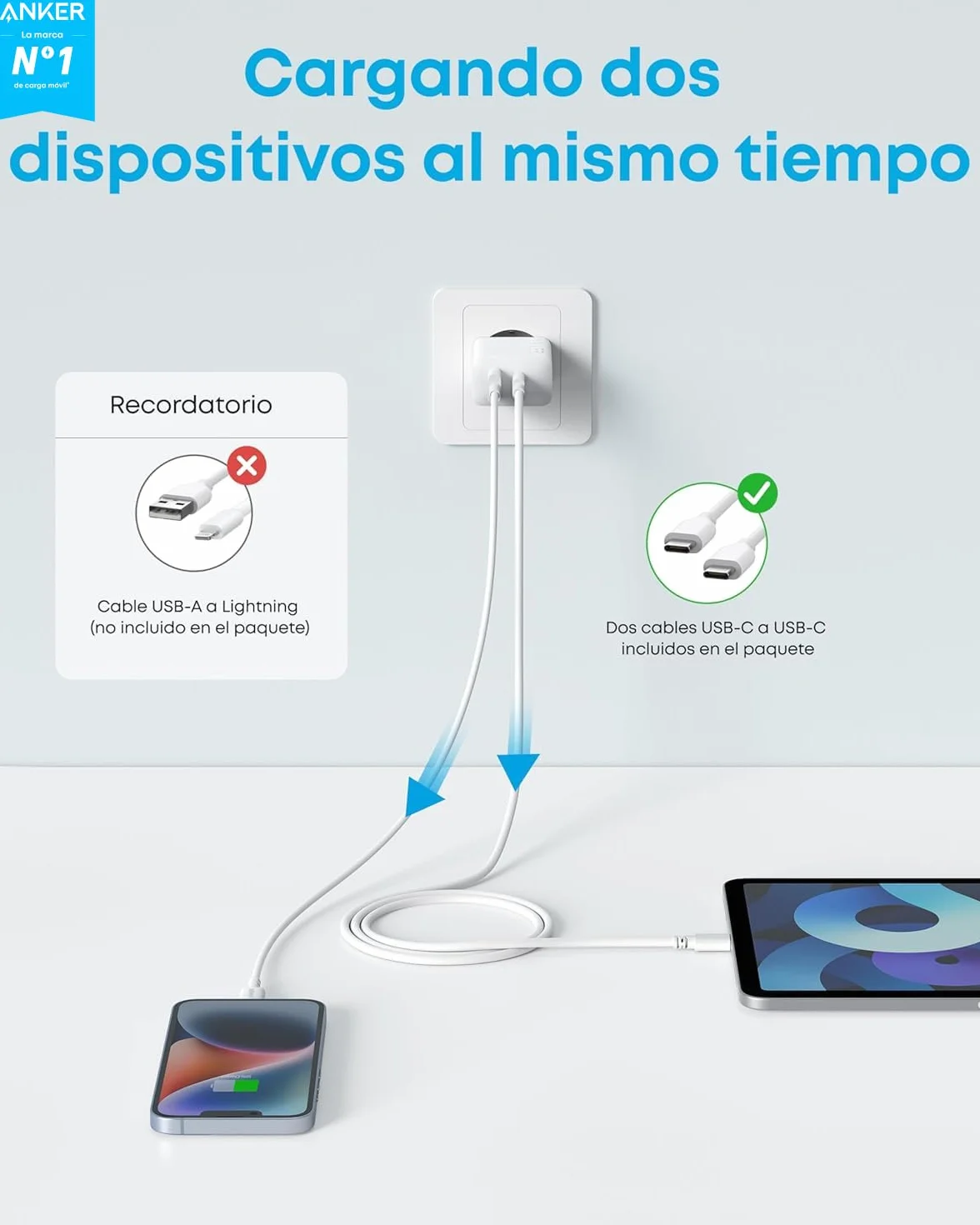 Anker Cargador iPhone Carga Rapida USB C 20W, con 2 Puertos,para iPhone 17/17 Pro/17 Pro Max/16 Plus/15 Air iPad y más(Cable USB C de 1,5m Incluido)