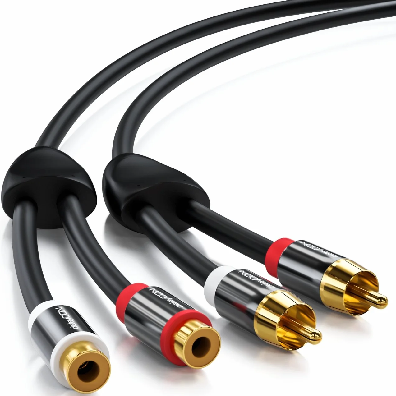 deleyCON 15m Cable Extensión Audio Estéreo Cinch RCA 2x Conector a 2x Hembra Metálicos Dorados Negro