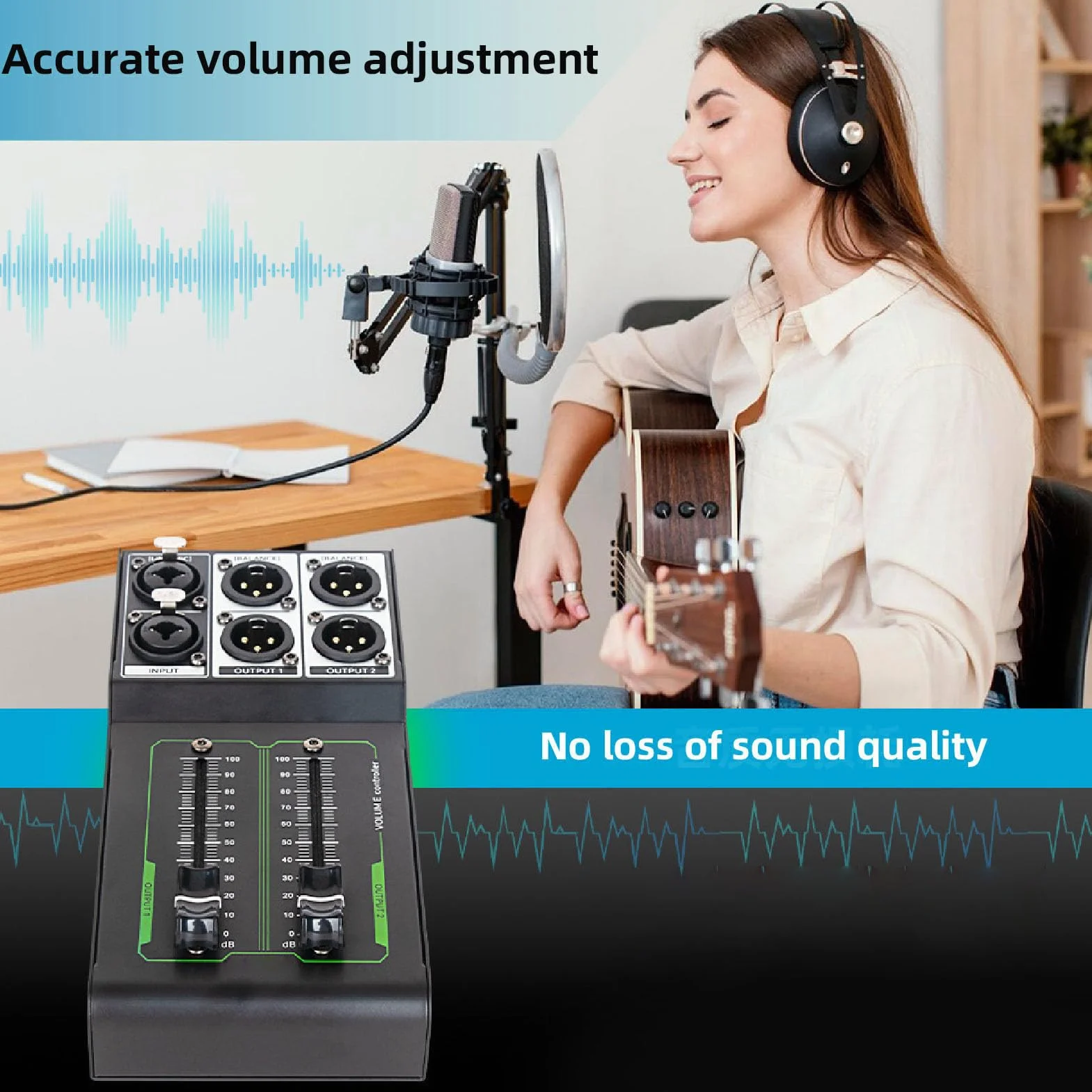 Controlador de Volumen Pasivo, 1 Entrada 2 Salidas Todo Metal Sin Pérdidas Controlador de Volumen Estéreo Preciso Plug and Play para Estudio y de Sonido doméstico(Negro)