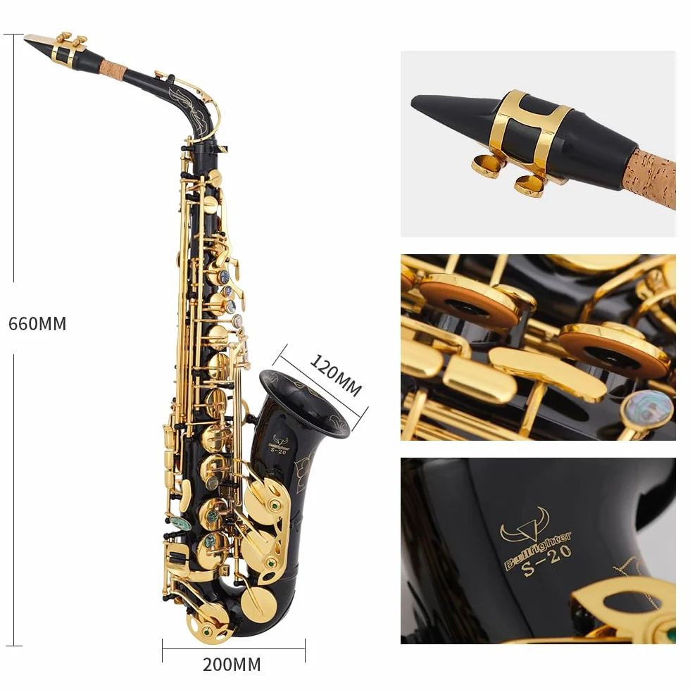 Saxofón alto Bullfighter en Mi♭ – Latón con laca dorada con estuche duro – Juego completo que incluye correa para el cuello, guantes, kit de cuidado y boquilla de repuesto – Ideal para principiantes y