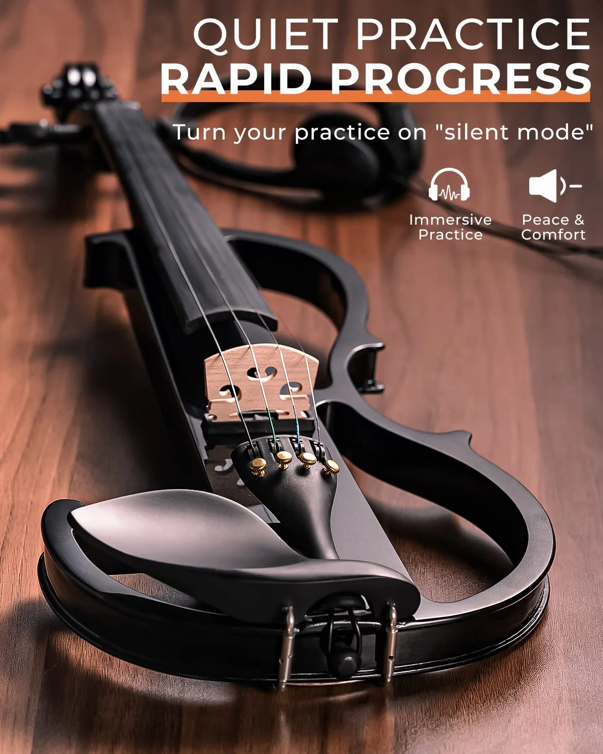 Vangoa Violín eléctrico de tamaño completo 4/4, violín eléctrico silencioso negro de madera maciza con accesorios de ébano, kit para principiantes para adultos y adolescentes
