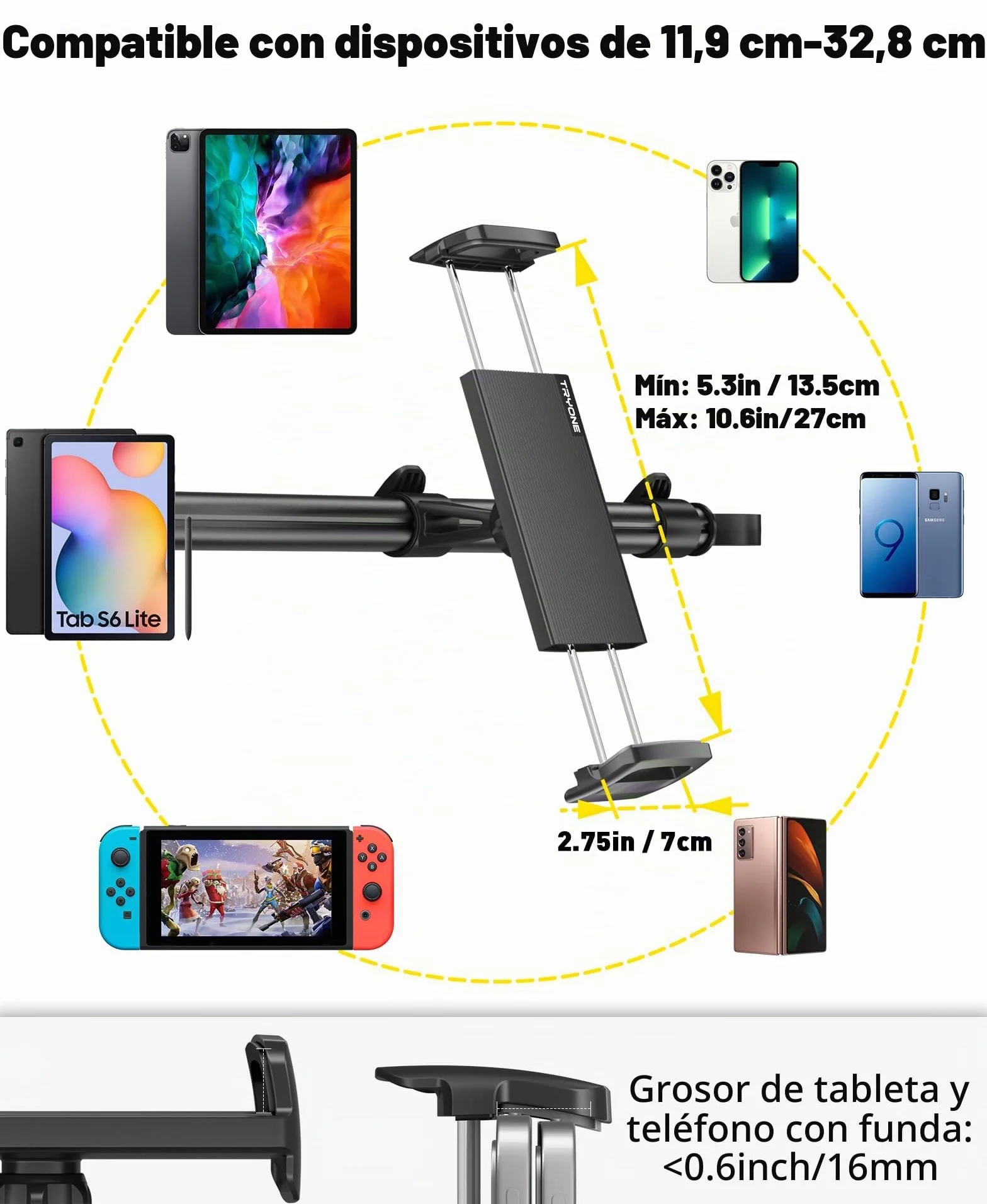 Soporte Tablet Coche Central, Tryone Soporte Universal Ajustable para Tableta automóvil iPad Series/Samsung Galaxy Tabs/Switch Phones, etc. Dispositivos de 4.7-12.9 Pulgadas/con 2 Ganchos