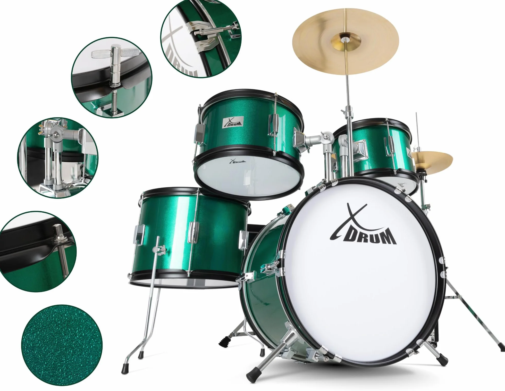 XDrum Junior Pro Batería Infantil Emerald Green Sparkle - adecuada de 5 a 9 años - Set de batería con accesorios completos - incl. escuela - verde