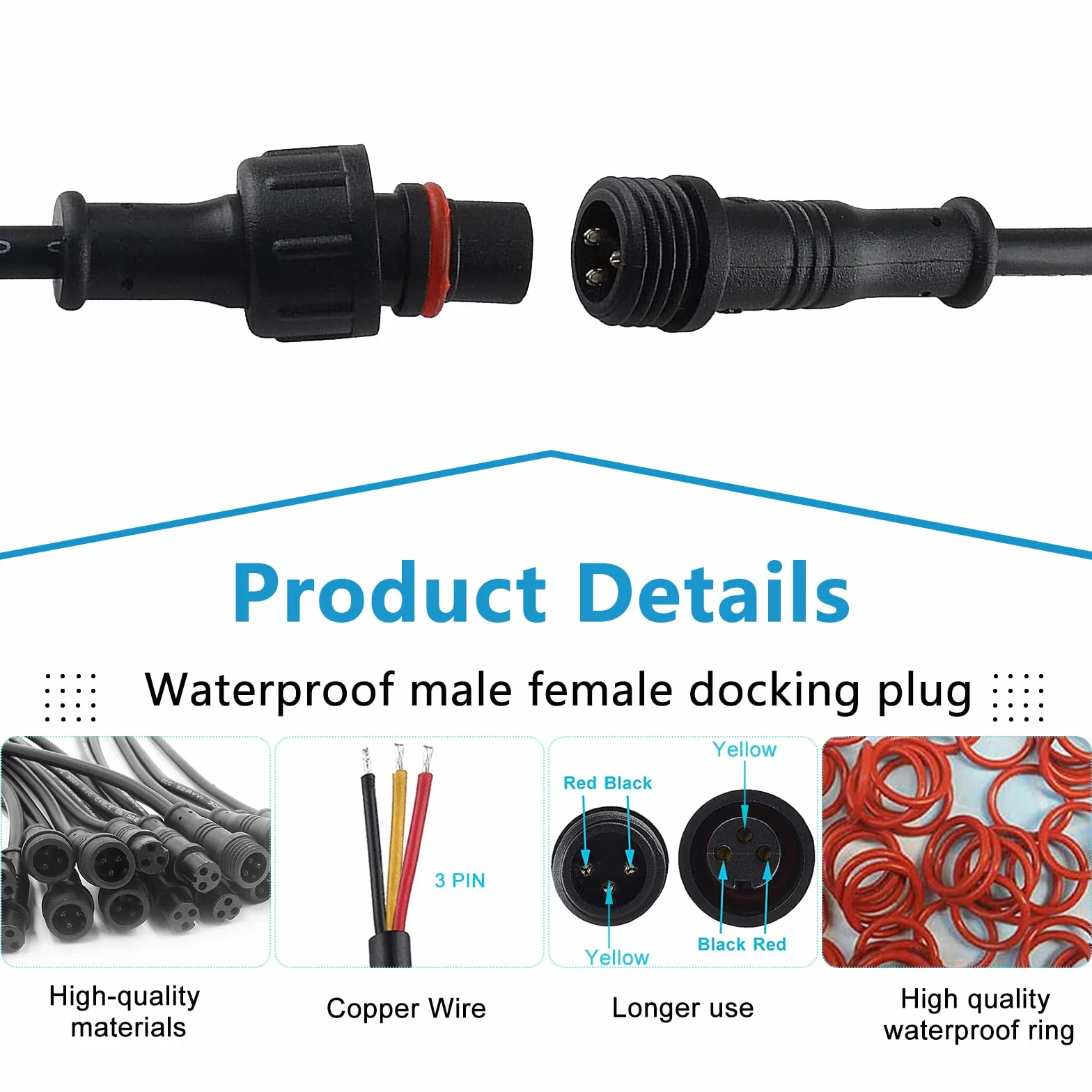 Conectores estancos, 8 Pares de enchufes de 3 Pines, Conectores Impermeables IP65 con Cable de extensión 16AWG 20CM para focos solares, lámparas de jardín, Tiras de luz LED