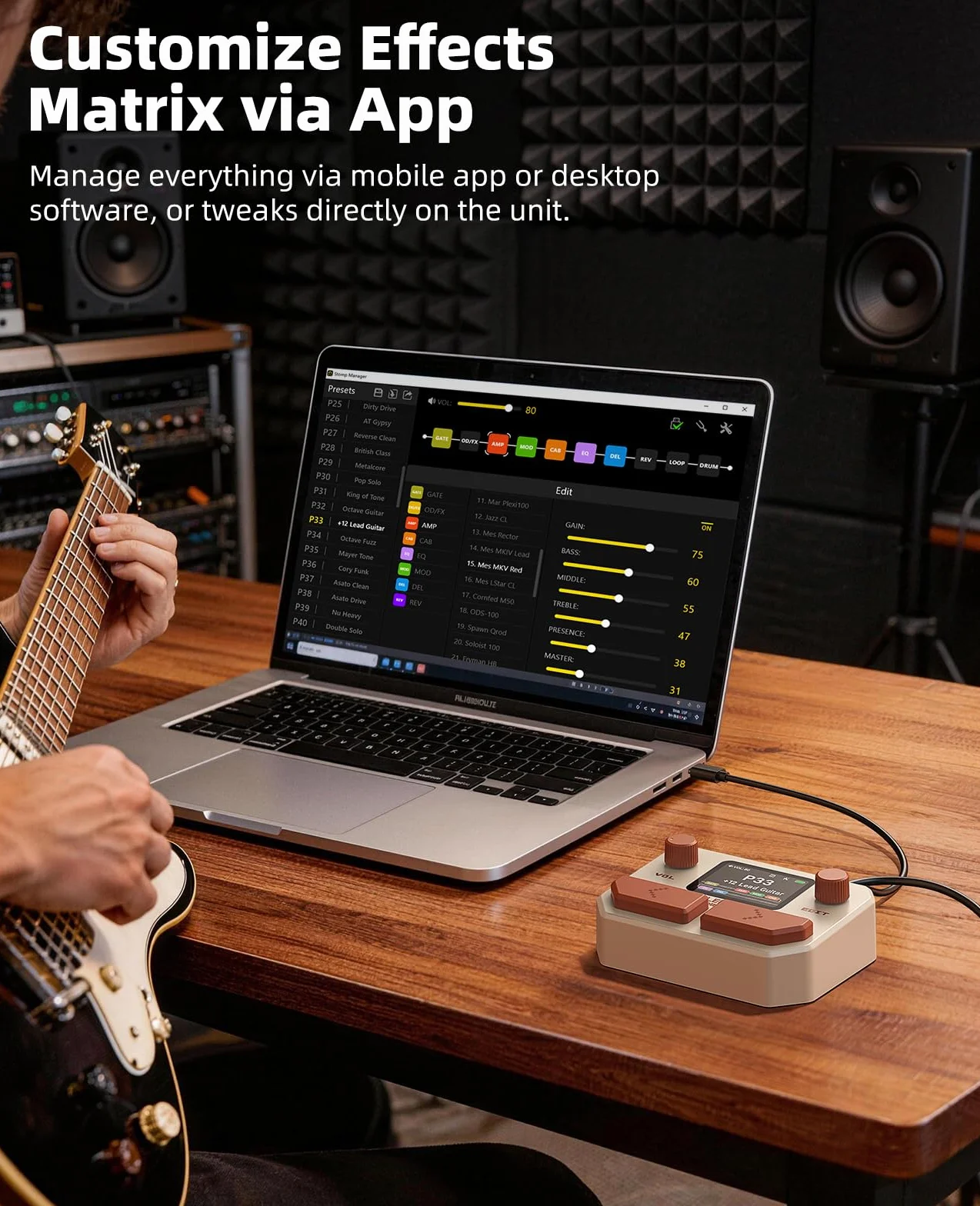 LEKATO Pedal Multiefectos para Guitarra Bajo Procesador de Múltiples Efectos 10 Módulos, 99 Presets, 30 Amp/Cab Procesador de Efectos, Interfaz de audio USB OTG y BT, pantalla LCD de 2", Blanco