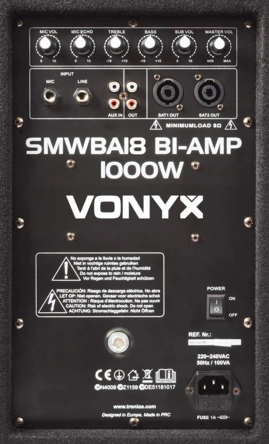 Vonyx SMWBA18 Subwoofer Activo, Altavoz de Graves, subwoofer de 18 Pulgadas y 1000 vatios, bi-Amplificador, Amplificador Integrado, Caja acústica Activa para DJ con Revestimiento de Fieltro en Negro