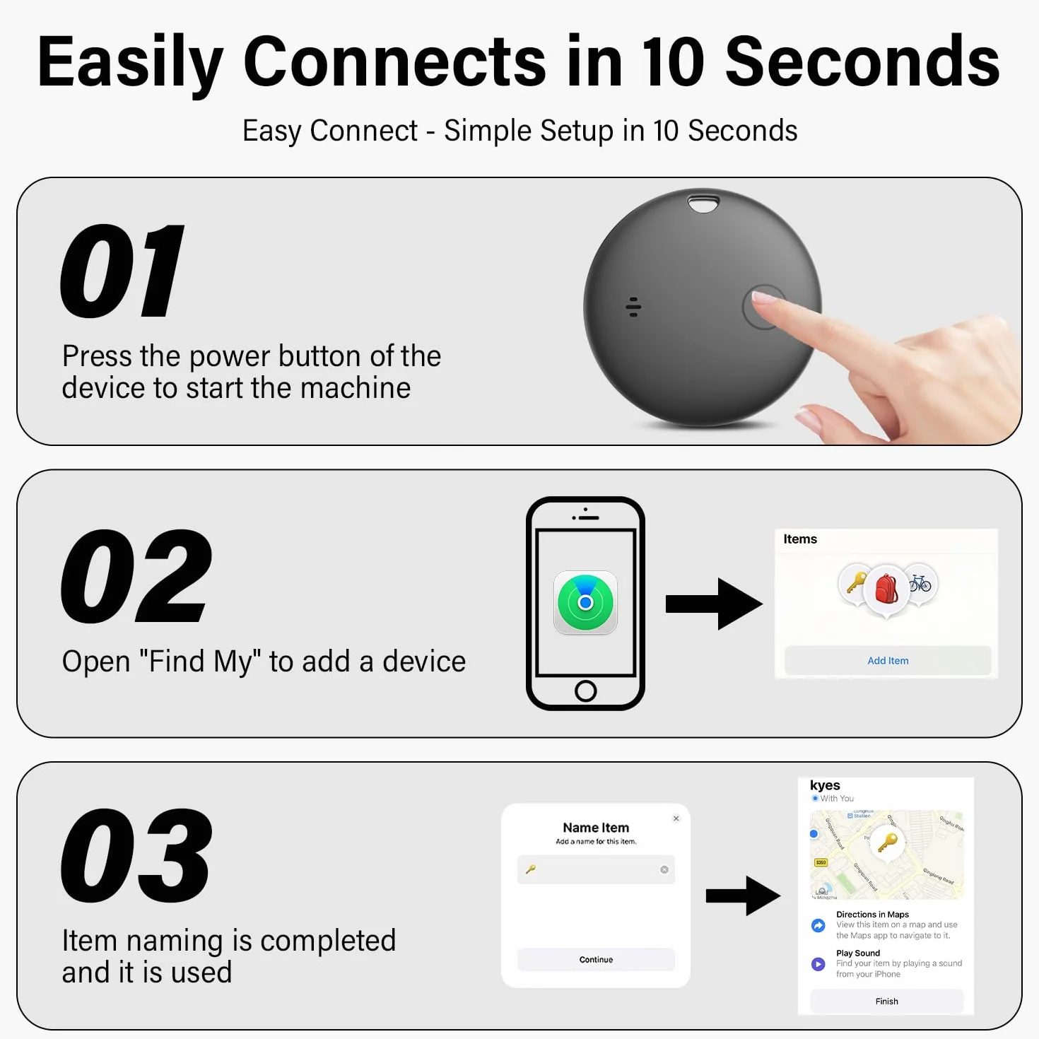 Smart Air Tracker Tag 4 Pack, Localizador Llaves Bluetooth Funciona con Apple Buscar(Sólo iOS), Buscador de Llaves, Billetera y Equipaje, Batería Reemplazable