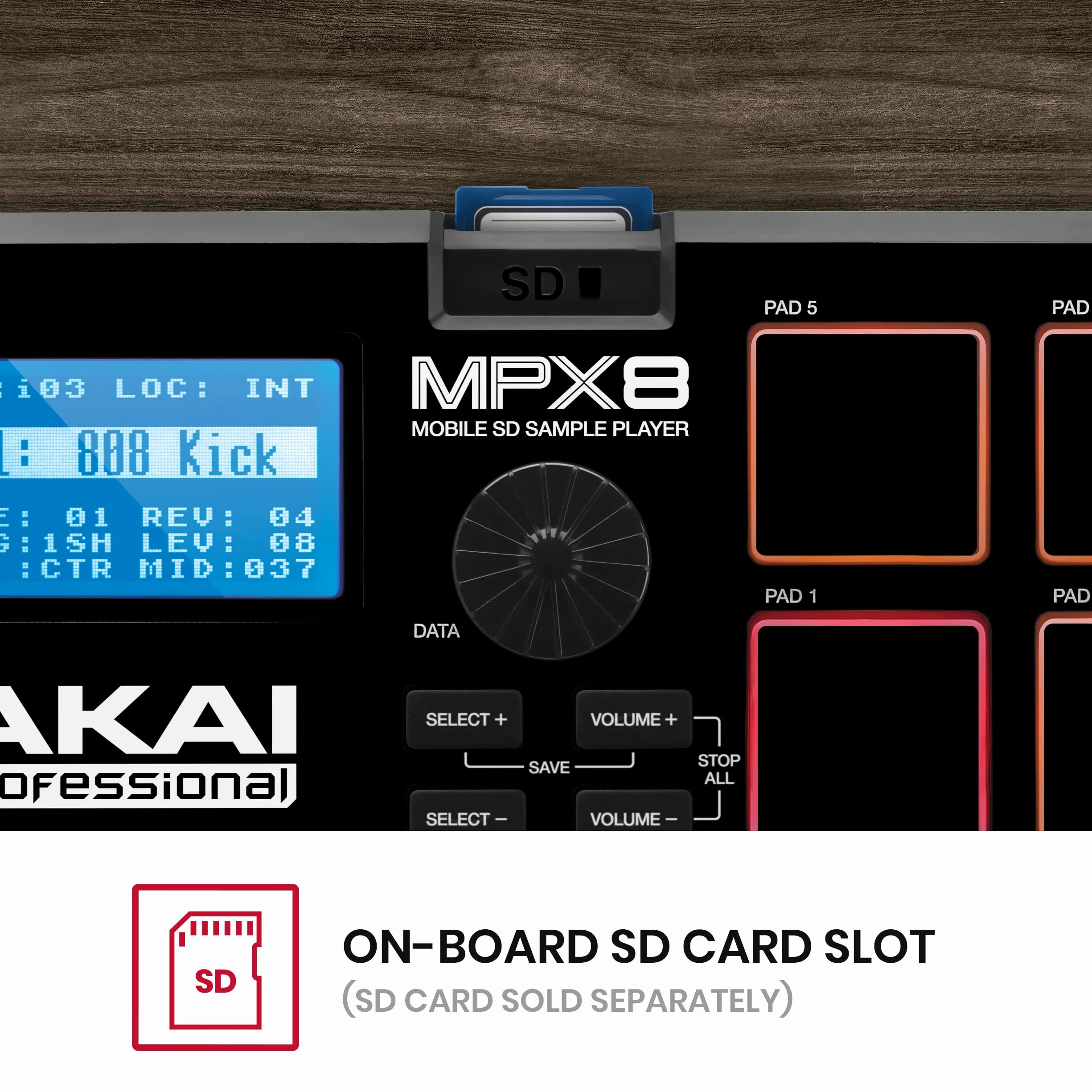 Akai Professional MPX8 - Controlador USB MIDI y Lanzador de Samples Portátil con 8 Pads Sensibles a la Velocidad y Ranura para Tarjeta SD