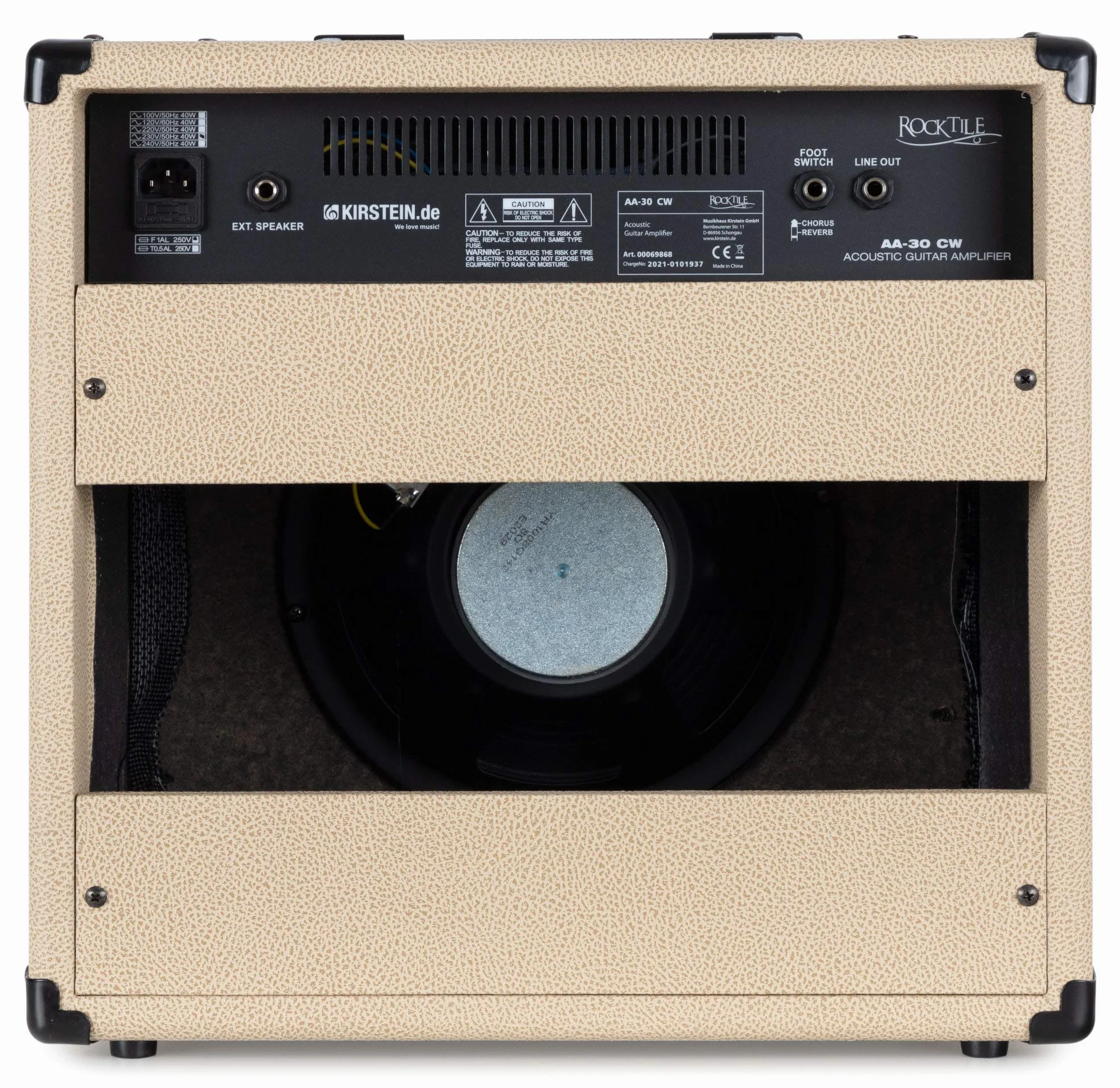 Rocktile AA-30 CW Eric Amplificador Acústico 30W, 2 Canales (Mic y Guitarra), Altavoz 10" + Tweeter 2.5", Entrada AUX, Salida línea, Efectos Chorus y Reverb, Color Crema.