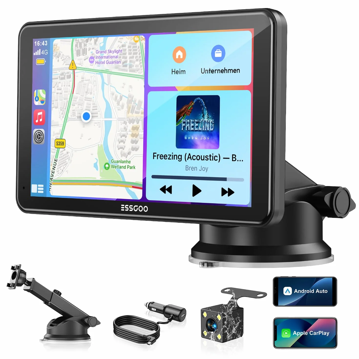 ESSGOO Pantalla Carplay Coche con Cámara Retrovisora,7 Pulgadas Apple Car Play Android Auto Inalámbrico,Pantalla Táctil Portátil Radio Coche con Bluetooth,Airplay,Mirror Link,FM,AUX,Siri,Navegación