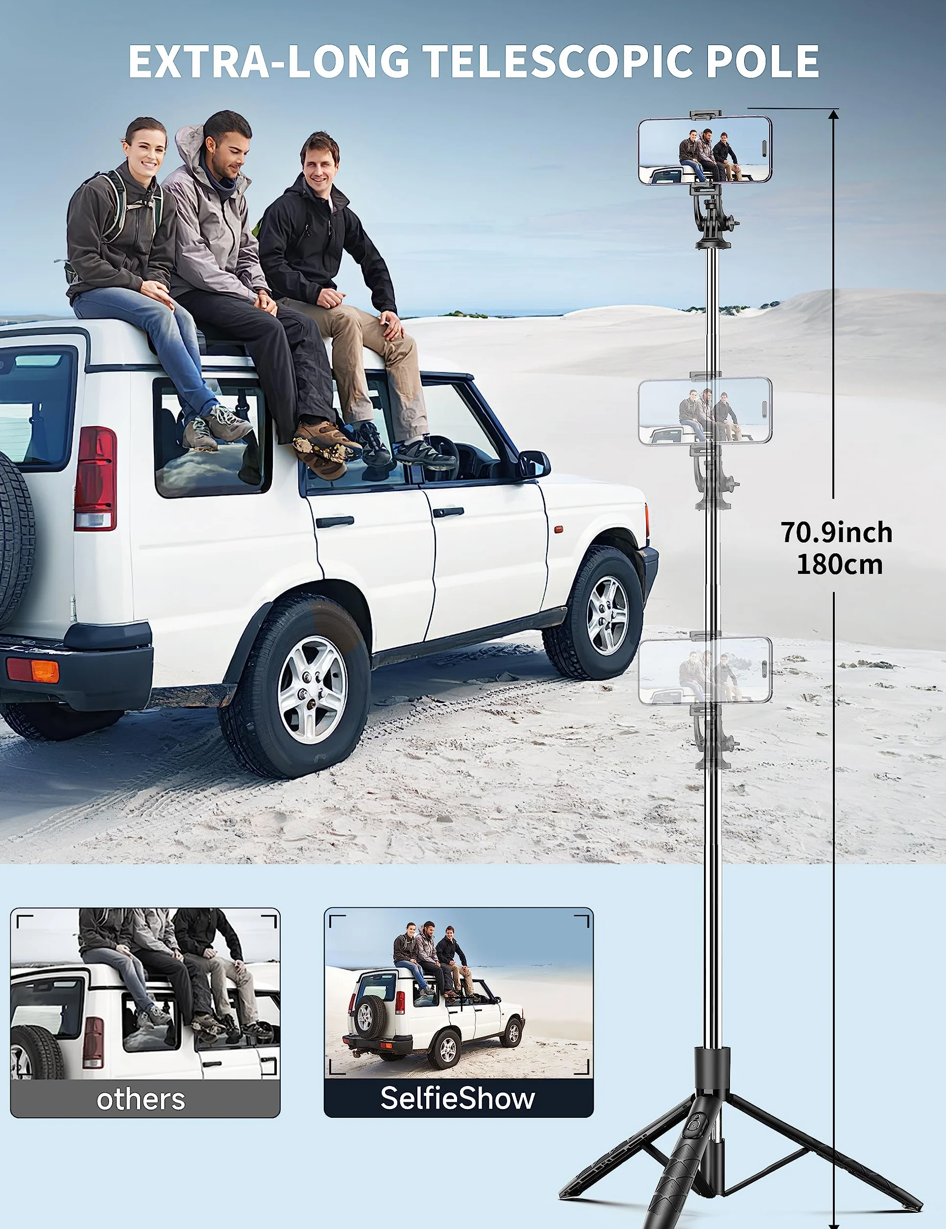180cm Trípode para Movil, Palo Selfie Tripode con Control Remoto Desmontable para Teléfono Móvil, Soporte de Trípode de Teléfono Compatible con iPhone/Samsung/GoPro/Cámara