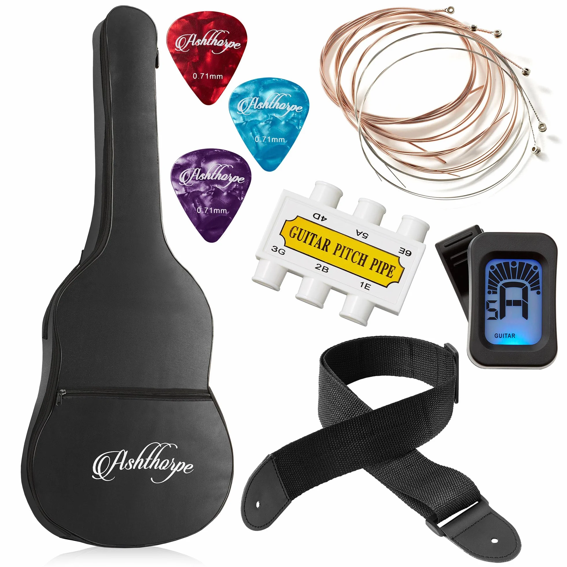 Ashthorpe Paquete de guitarra acústica para principiantes de 38 pulgadas (Sunburst), kit básico de inicio con bolsa de concierto, cuerdas, correa, afinador, tubo de tono, púas