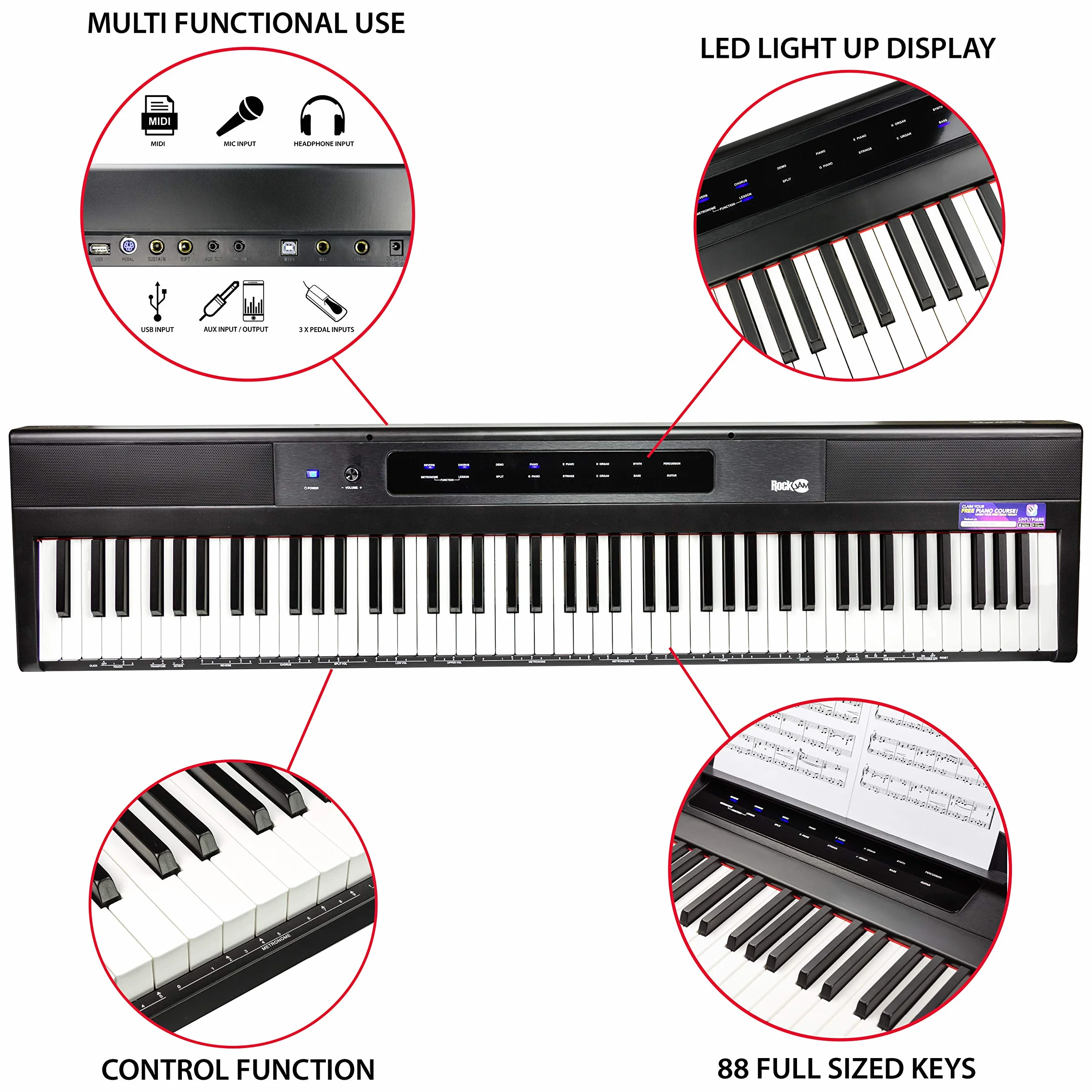 Rockjam Rj88Dp Teclas del Teclado de Piano para Principiantes Digital Piano con Full-Size Semi-Weighted Keys, Atril,Piano Engomada de la Nota,la Fuente de Alimentación y Construido en Altavoces, Negro