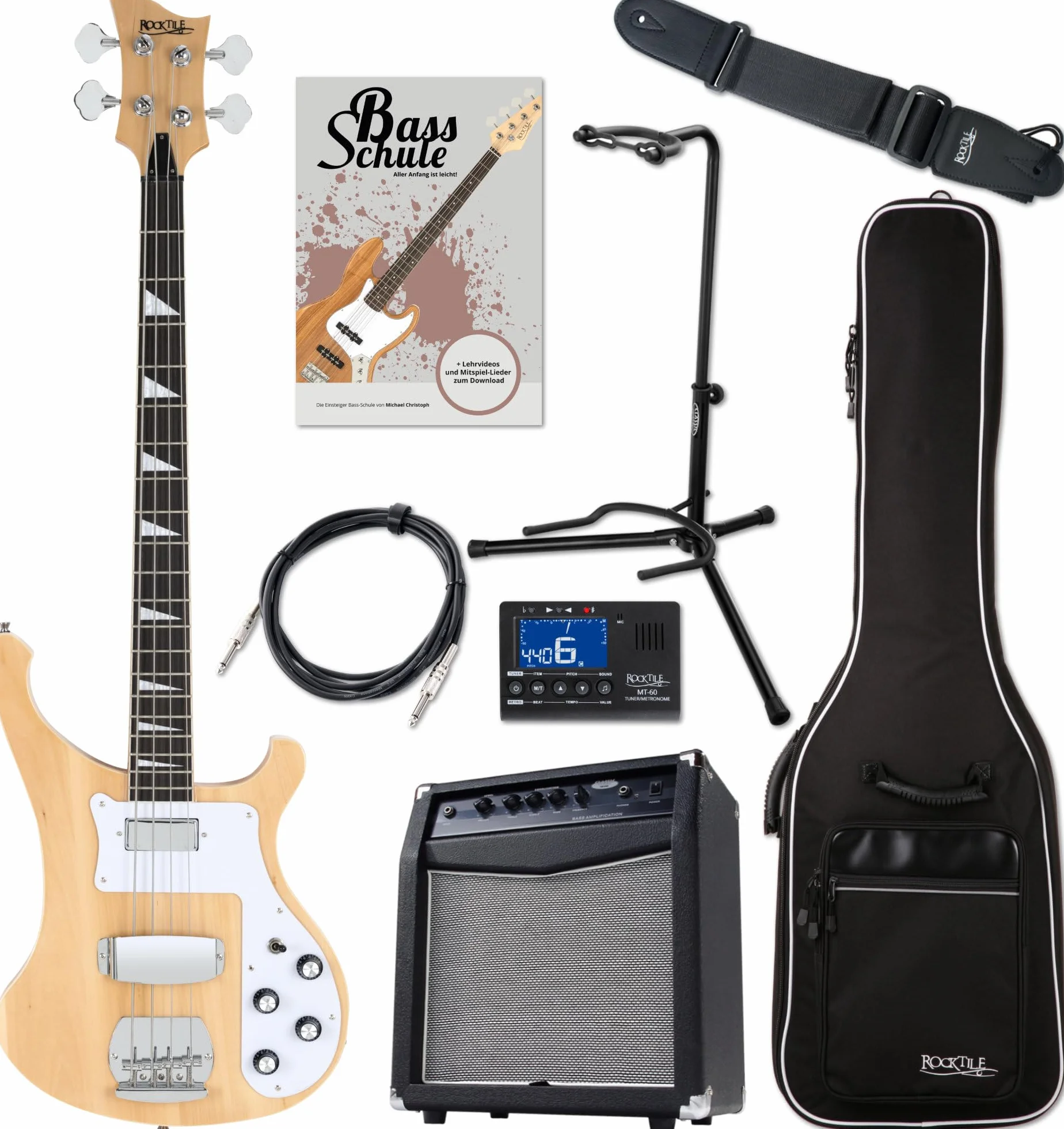 Rocktile Pro RB-400N Lumberjack Bajo Eléctrico Super Set - Bajo Eléctrico Longscale de 4 Cuerdas - Incluye Amp, Funda, Afinador, Correa, Soporte, Cable y Escuela - natural
