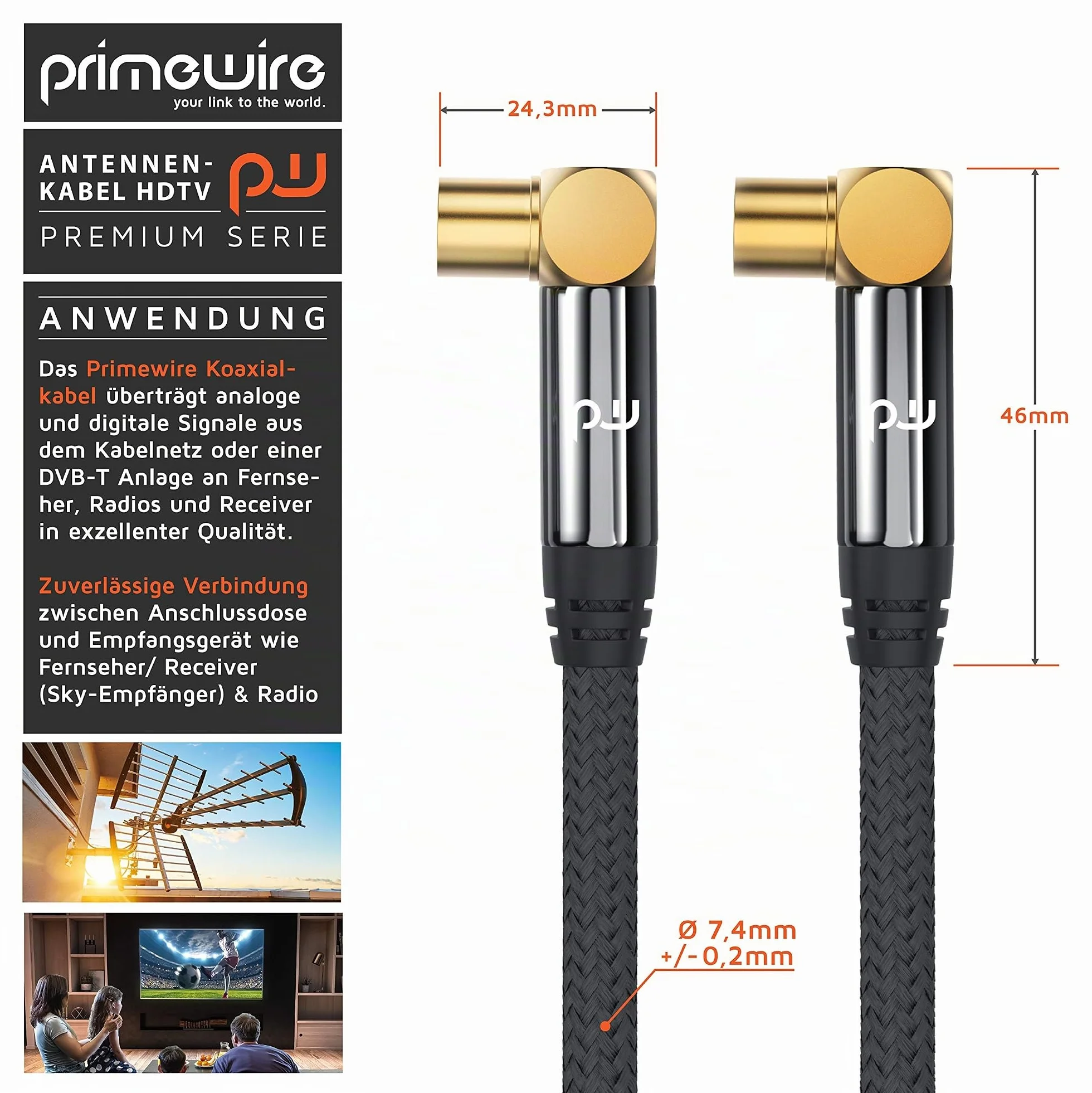 CSL - Cable de antena HDTV de 1 m con trenzado 8k 4k HDTV - Conector de antena (ángulo) a acoplamiento de antena (ángulo) - 135 dB 75 Ohm - Ángulo de 90° - DVB-T y DVB-T2 DVB-C DVB-S DVB-S2 Radio FM