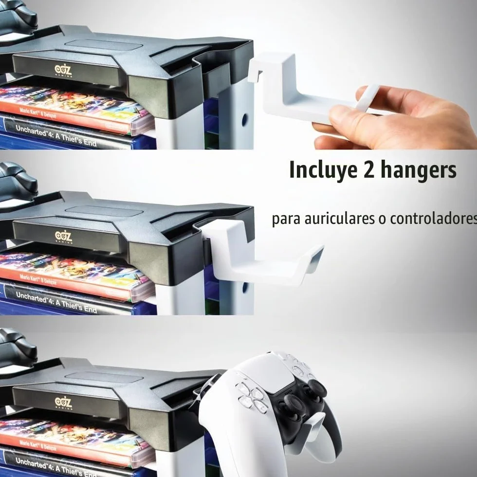 ADZ Soporte universal para juegos – 46 Game Storage Tower Rack for PS2 PS3 PS4 PS5 PSP Xbox 360 Xbox One Series X Wii Switch Games DVD and Blu-Ray Disks Includes 2 controladores Mounts (White)