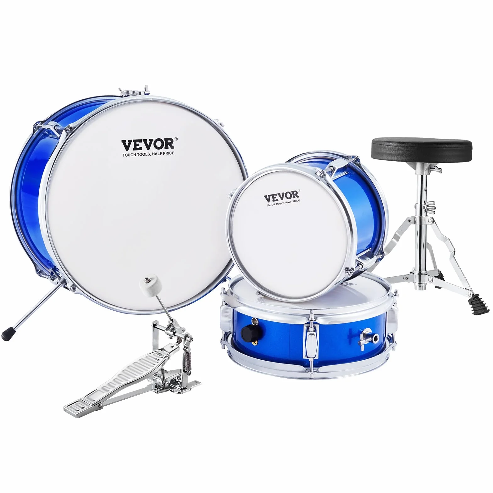 VEVOR Juego de Batería para Niños, 3 piezas, Juego de Batería para Principiante con Pedal de Platillo de Trono Ajustable dos Pares de Baquetas, Tom, Caja, Bombo, Kit de Batería de Iniciación, Azul
