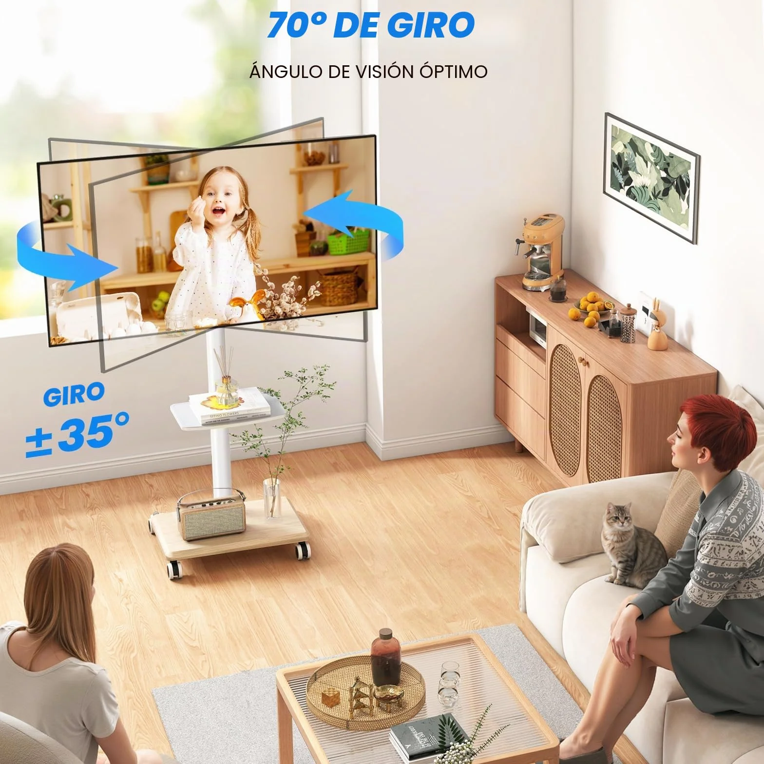 5Rcom Soporte TV Ruedas y Base de Madera para Pantallas de 32 a 70 Pulgadas, Soportes TV con Ruedas, Placa Giratoria y Altura Ajustable MAX VESA 400x400mm (Bianco Puro)