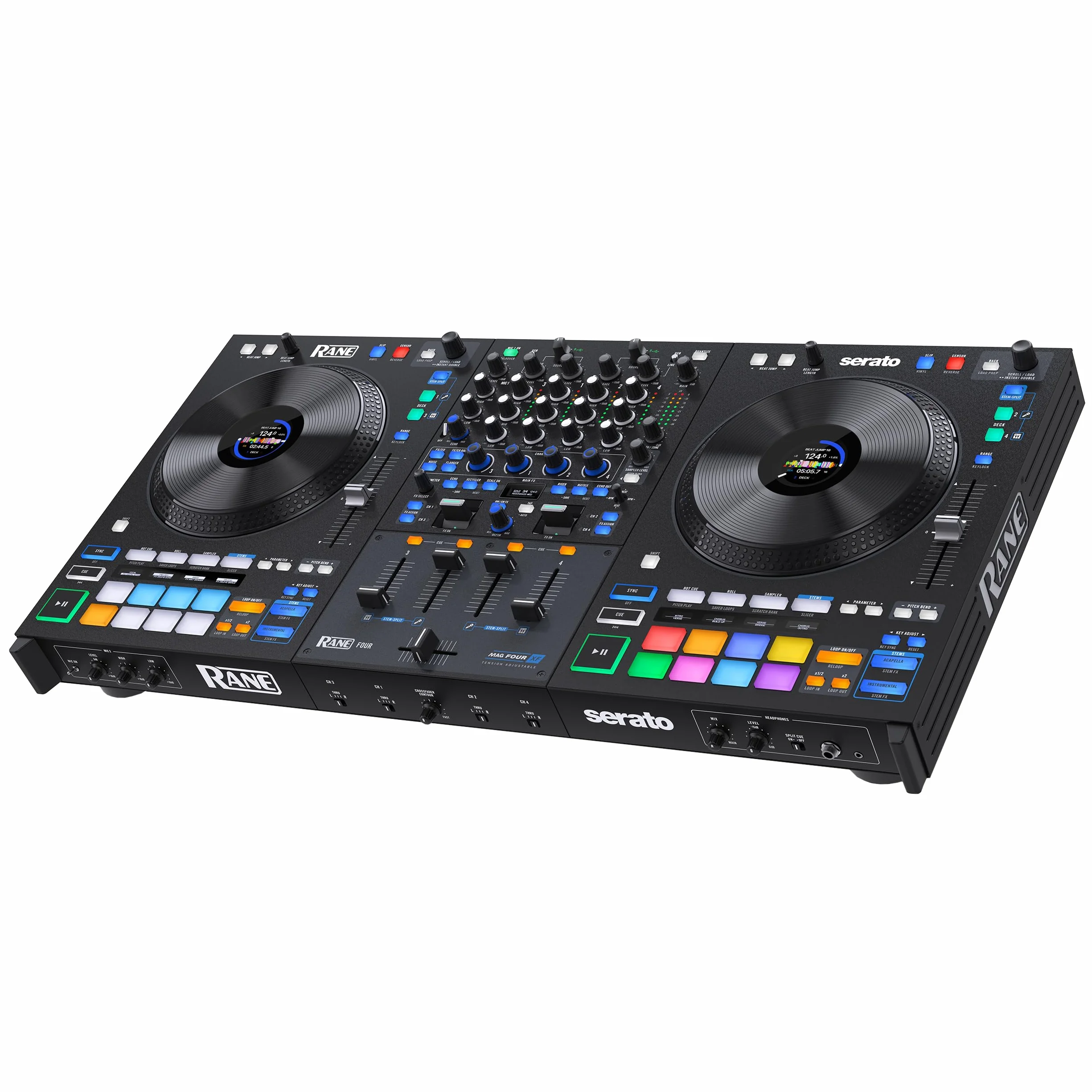 RANE FOUR Controlador DJ Stems Avanzado, 4 Canales, Jog Wheels de 8.5 Pugadas + Displays, Mezclador DJ con FX Internos, Serato DJ Pro + Pitch 'n Time DJ