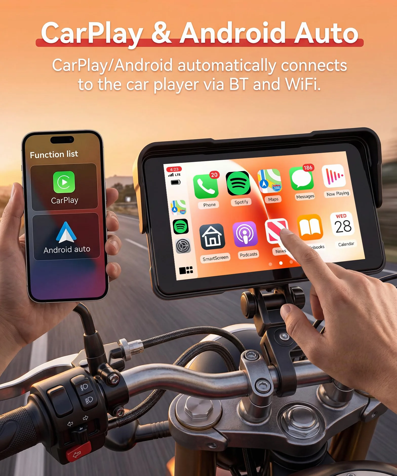 Rimoody 5 Pulgadas Carplay Pantalla para Moto con Control en el Manillar Soporte Desmontable, Pantalla CarPlay & Android Auto Inalámbrica para Motos, Radio Car Play Wireless Bluetooth Impermeable IP68