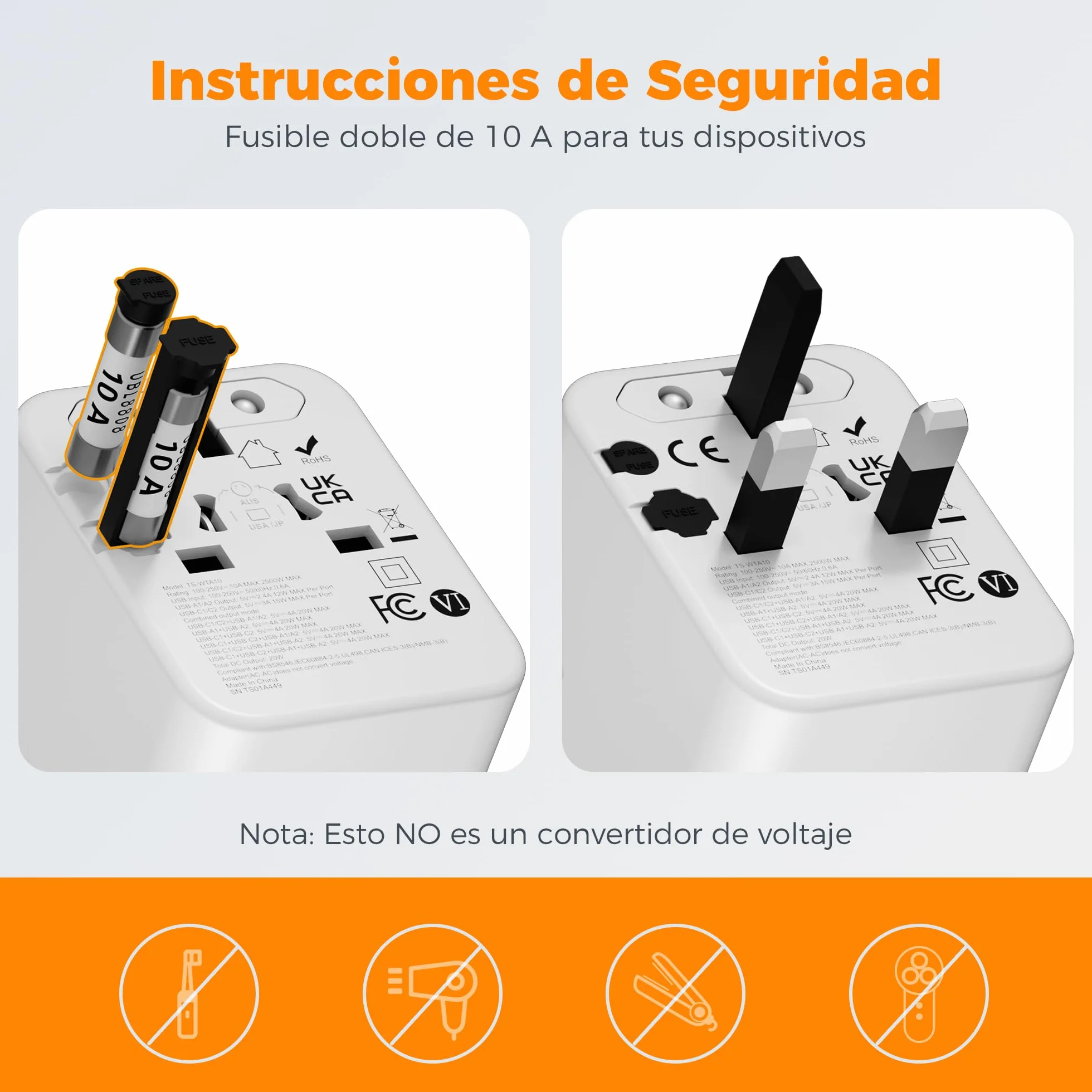 TESSAN Adaptador Enchufe Universal con 2 USB A y 2 USB C para Viaje Inglaterra EE. UU. Japón Tailandia Australia