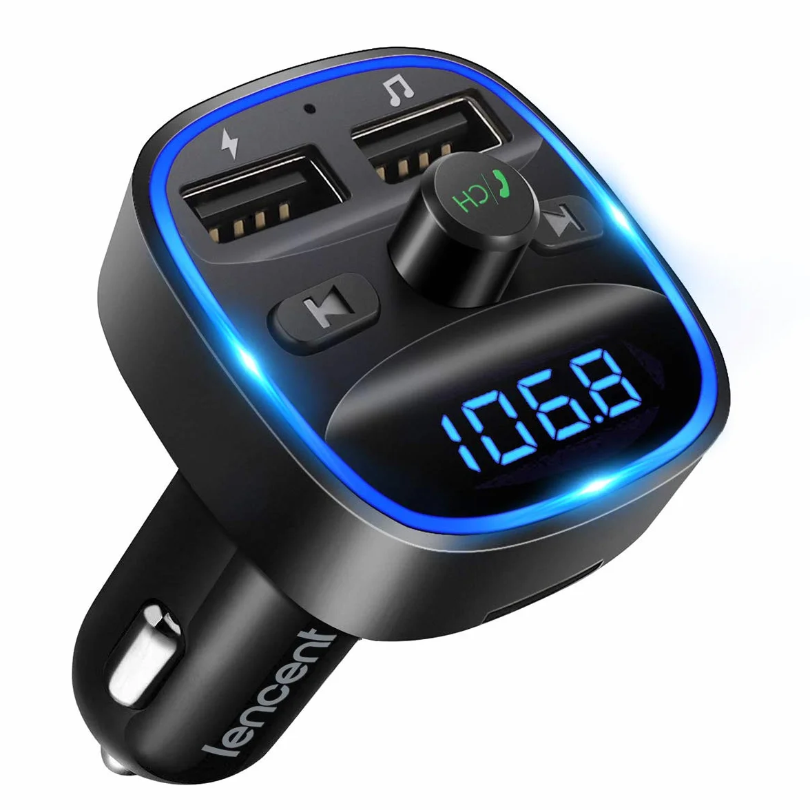 LENCENT Transmisor FM Bluetooth Coche Manos Libres Inalámbrico Reproductor MP3 Adaptador Radio Dual USB 5V/2.4A 1A SD USB