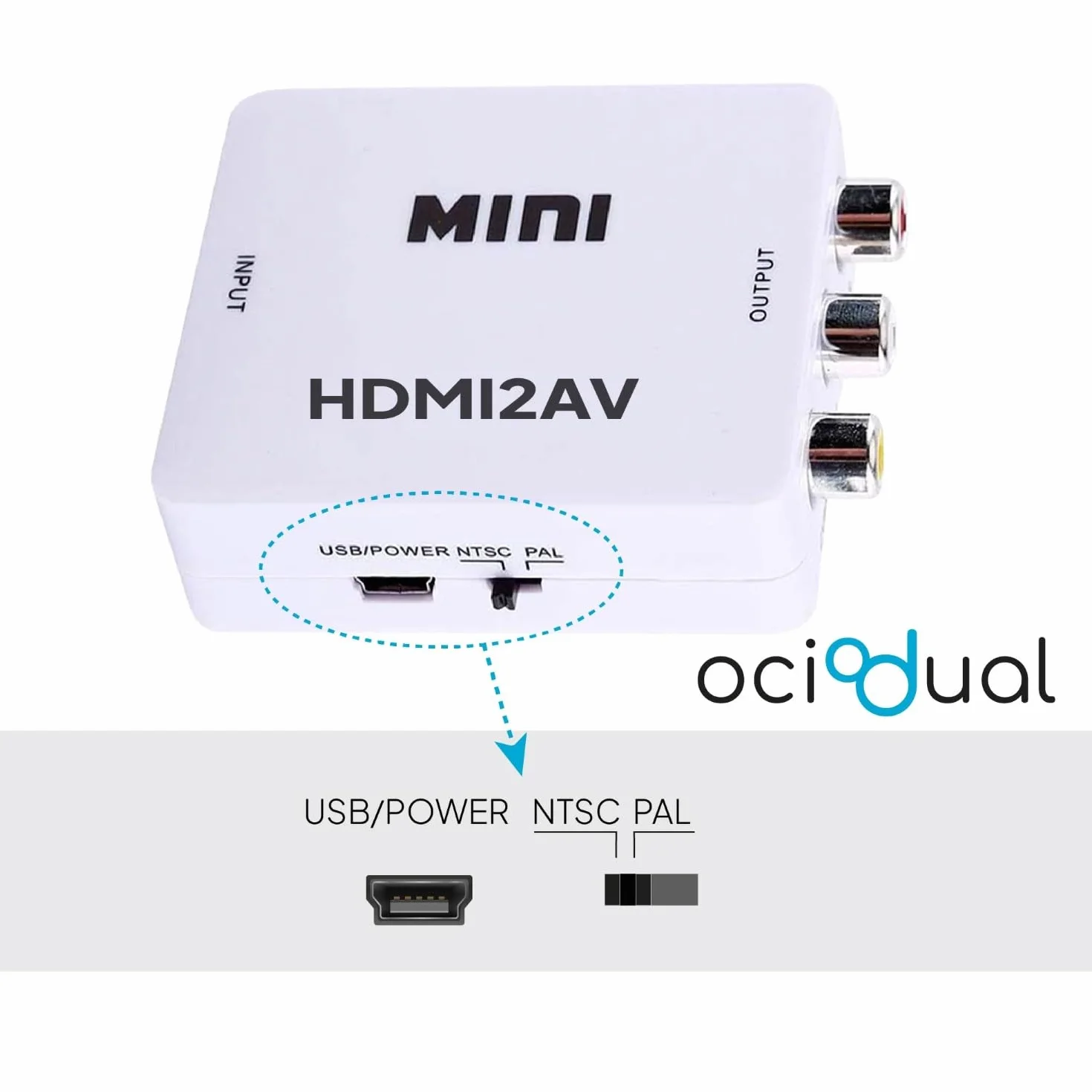OcioDual Adaptador HDMI a RCA, Adaptador HDMI a AV, Convertidor HDMI a RCA, Conexión Audio Estéreo y Video 1080p PAL/NTSC para PC, TV, PS1, PS2, N64, HDMI2AV, Blanco