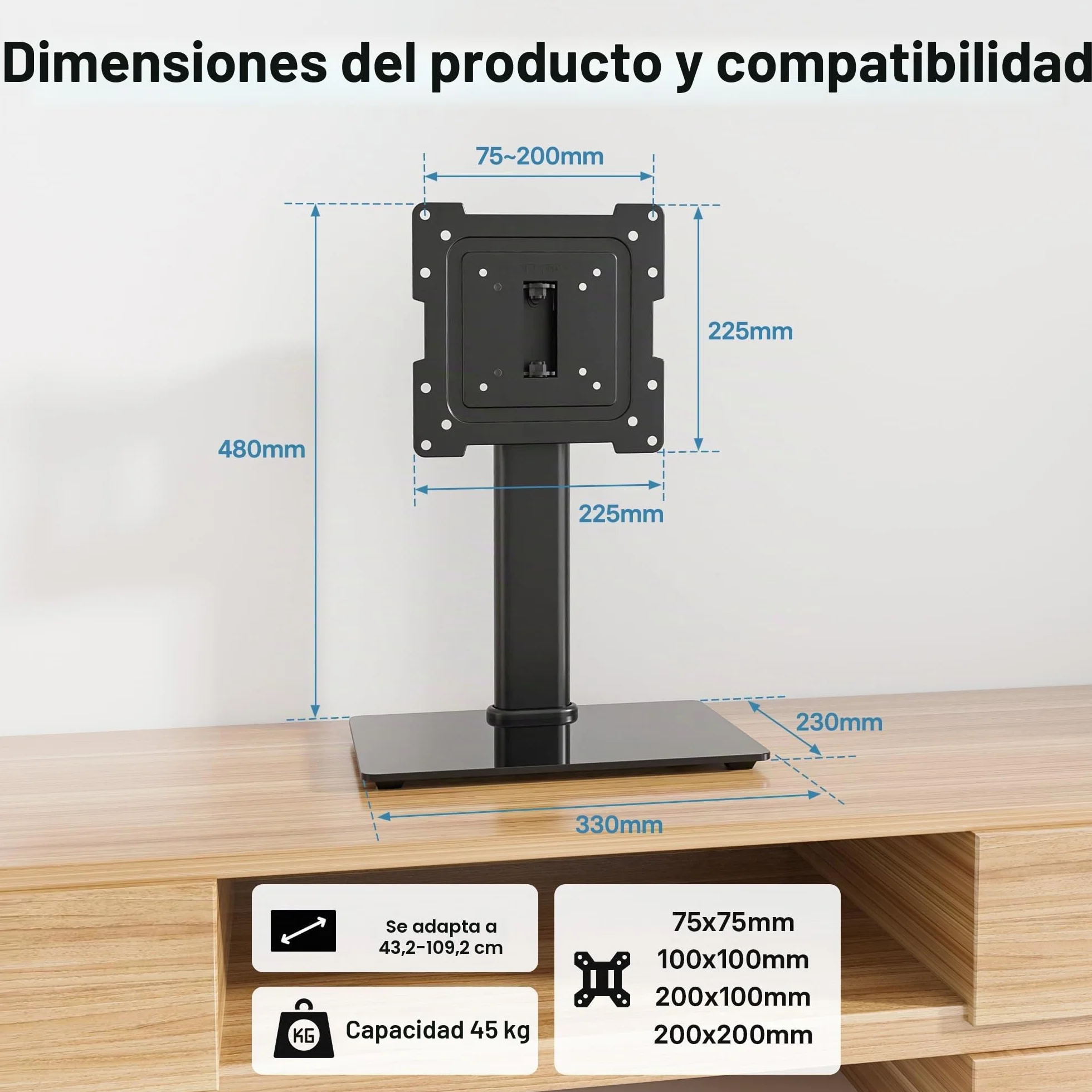 BONTEC Soporte TV Pie Universal para Pantallas 23-42 Pulgadas LCD LED OLED Plasma Curva, Rotación Altura Ajustable, 45kg, VESA 200x200mm