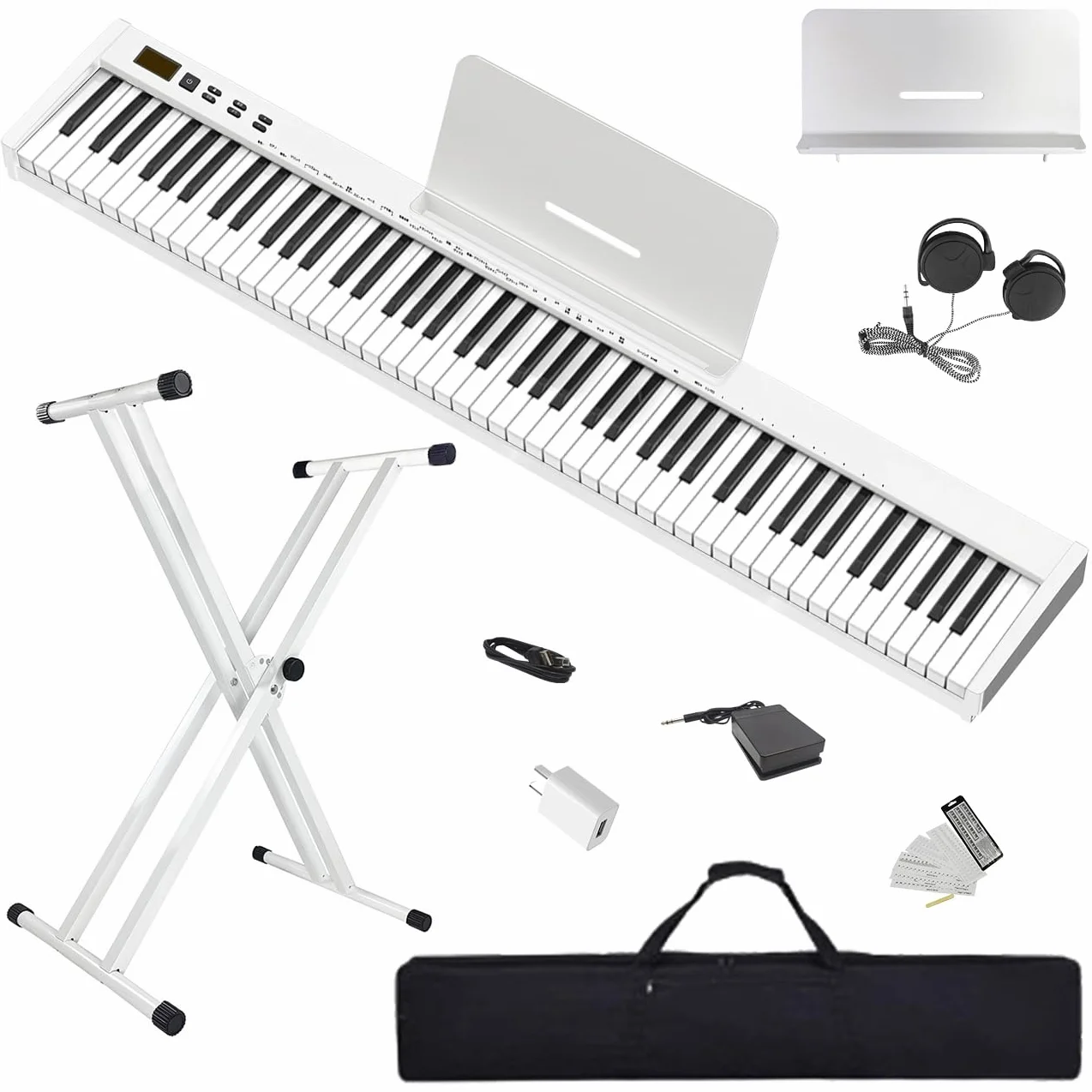 Longeye Piano Eléctrico 88 Teclas–Teclado Piano y Portátil con Soporte, Semicontrapesadas, Pedal de Sustain, Atril y Bolsa de Transporte–Blanco(Slim-88)