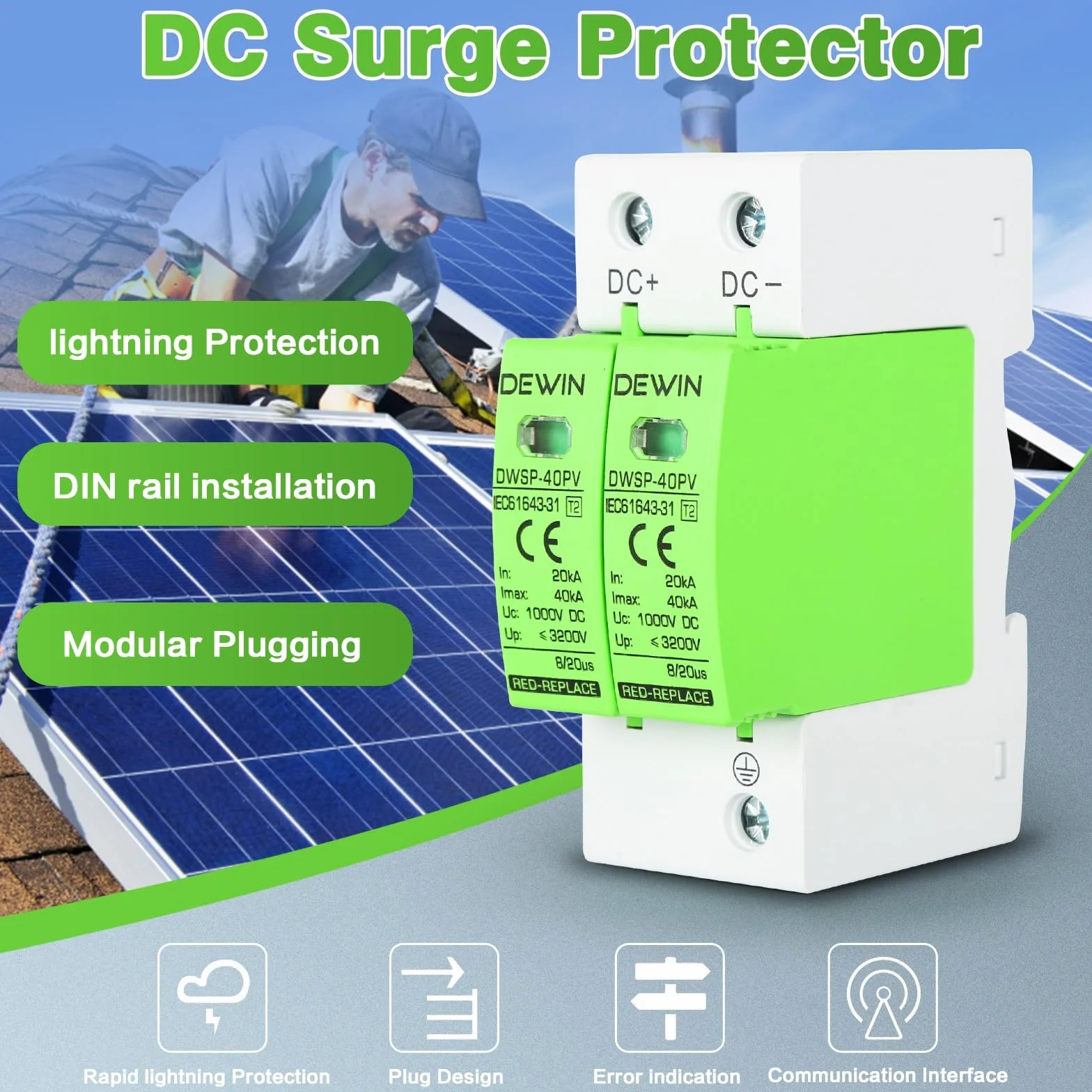 DEWIN Dispositivo de protección contra sobretensiones, 2P 40KA Dispositivo de pararrayos fotovoltaico DC 1000V Protector contra sobretensiones Dispositivo de protección contra rayos Carril DIN de 35mm