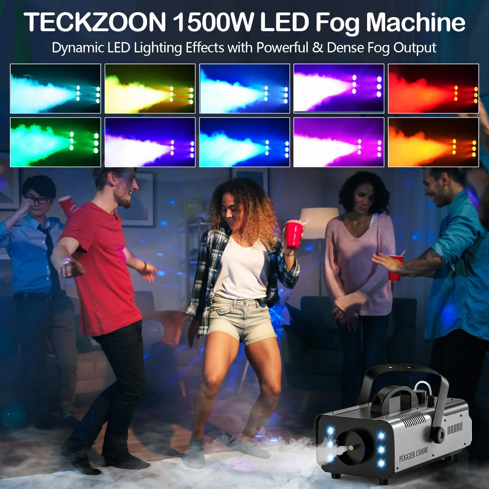 Máquina de humo 1500W con 6 LEDs RGB y mando inalámbrico, máquina de niebla con efectos de luz para DJ, fiestas, Halloween, bodas, Navidad y escenario