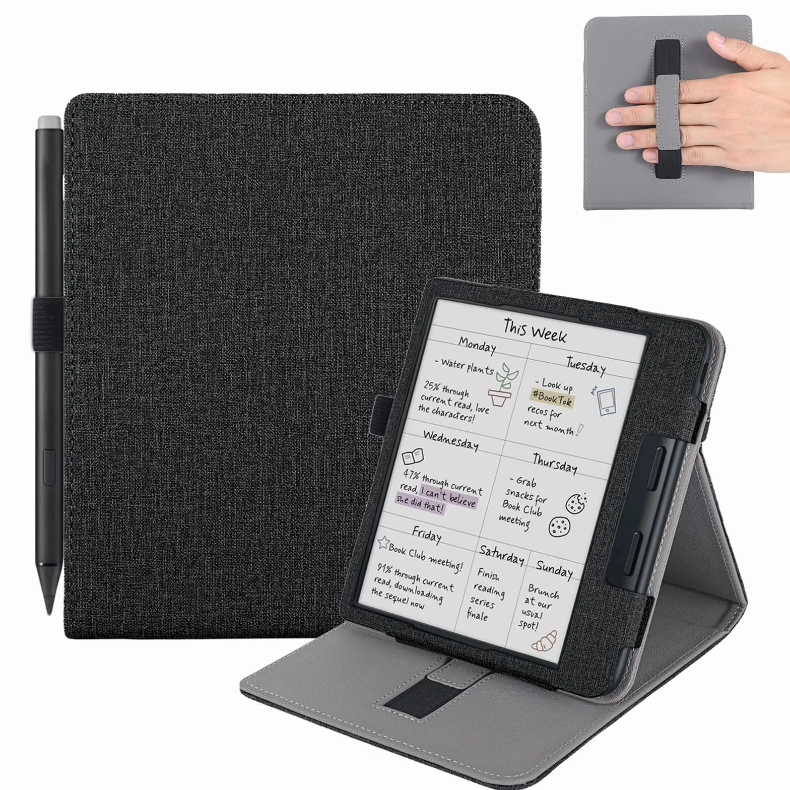 Para Kobo Libra Colour Funda con Soporte para Bolígrafo y Correa de Mano, Negro