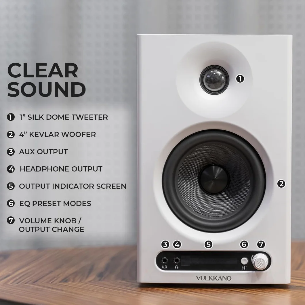 VULKKANO PRO4 Monitores de Estudio con Woofer de 4”, Bluetooth, Entrada Balanceada TRS, RCA, Salida para Cascos, AUX, Optica, ajustes de EQ, Altavoces Monitor para PC