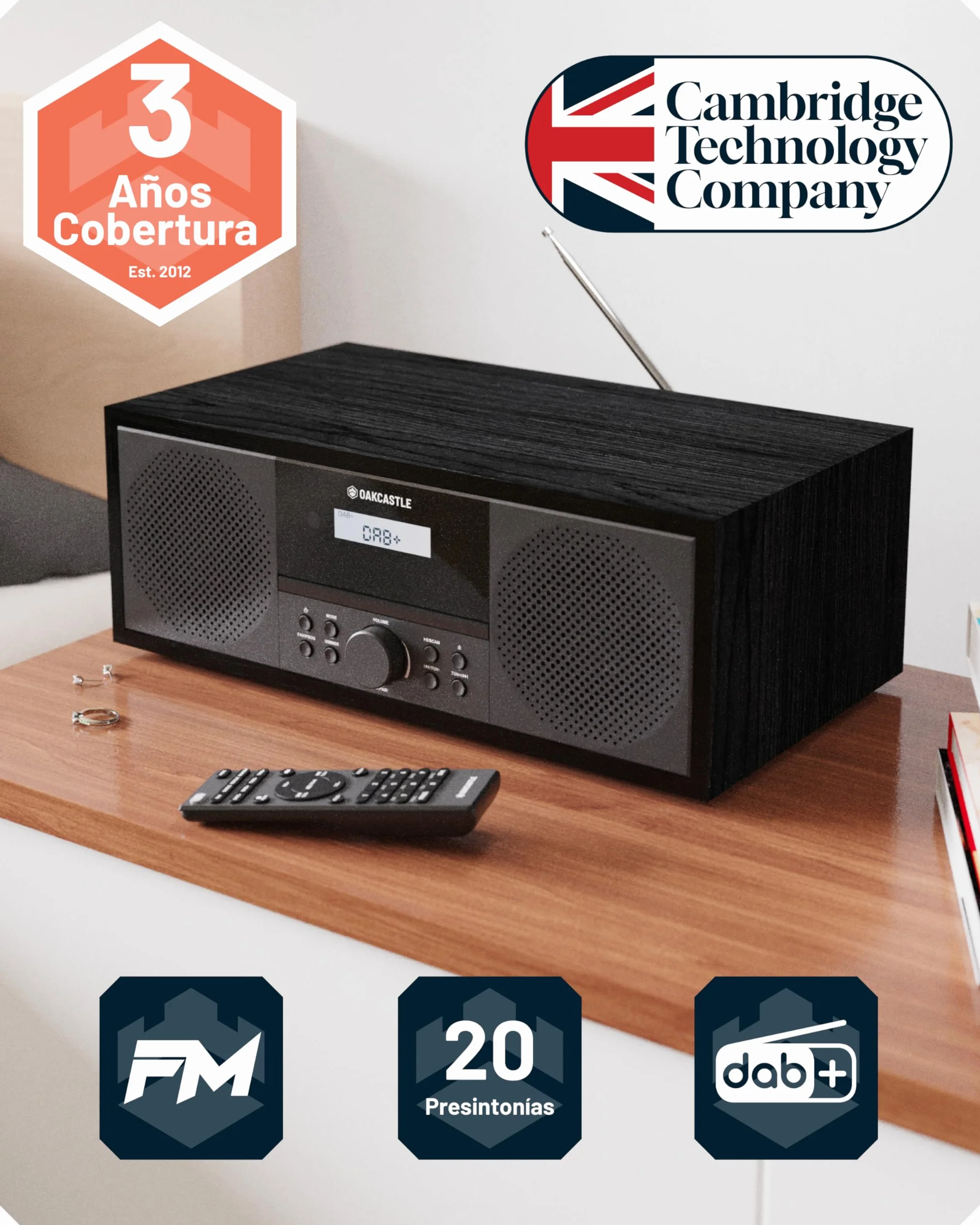 Equipo de Musica para Casa | CD Player HiFi con 60W Altavoces | Minicadenas de Musica con CD y Dab+ | Bluetooth Microcadenas de Musica | Radio FM Reproductor de CD HiFi Microcadena | OAKCASTLE DAB500