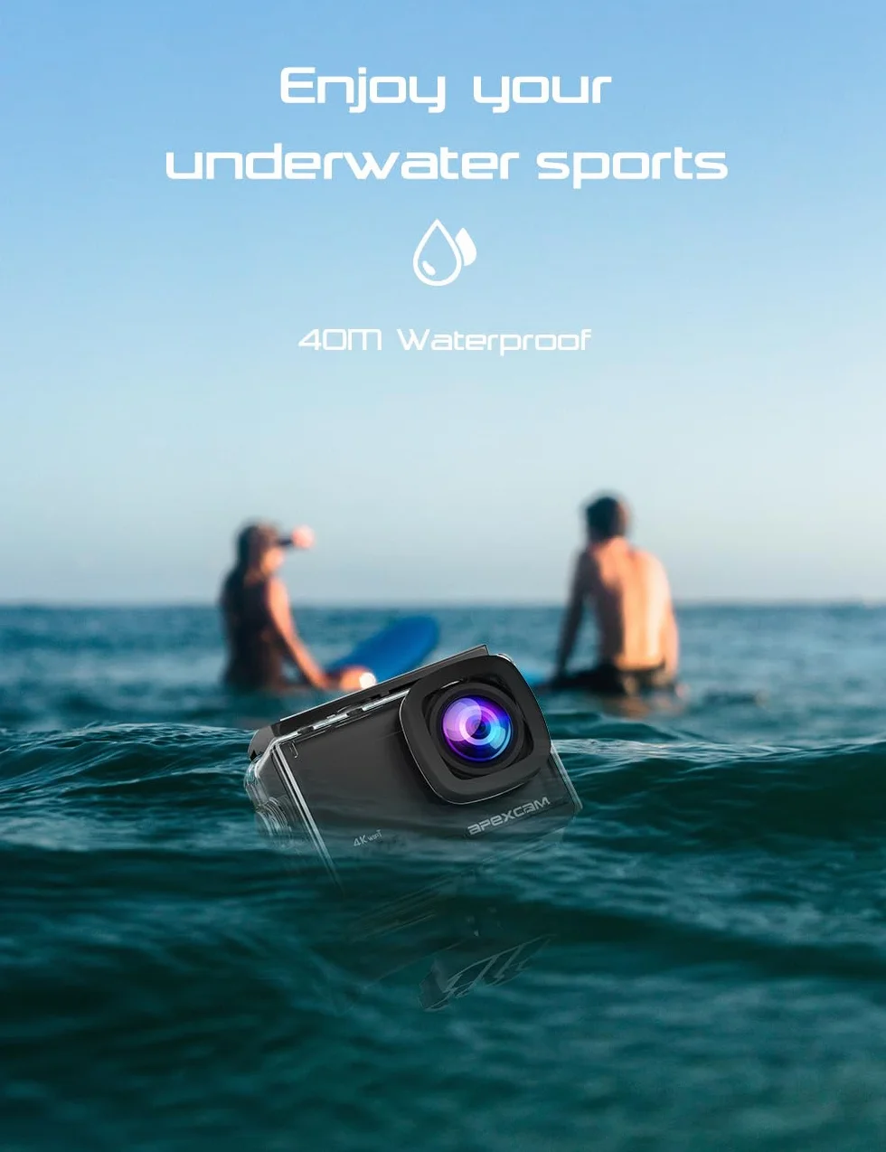Apexcam Cámara Deportiva 4K WiFi Impermeable 40M Action Camera con Tarjeta 64GB y 2 Baterías 1350mAh