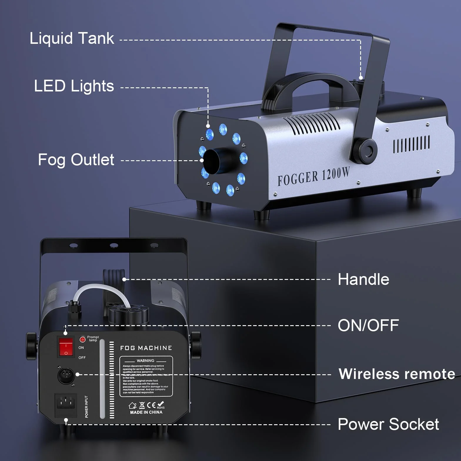 Máquina de Humo Automática 1200W 9 RGB LED Máquina de Niebla Colores Efectos con Remoto Inalámbrico Portátil Fog Machine para Hogar Fiesta Boda Espectáculo Bar Escenario Halloween Navidad