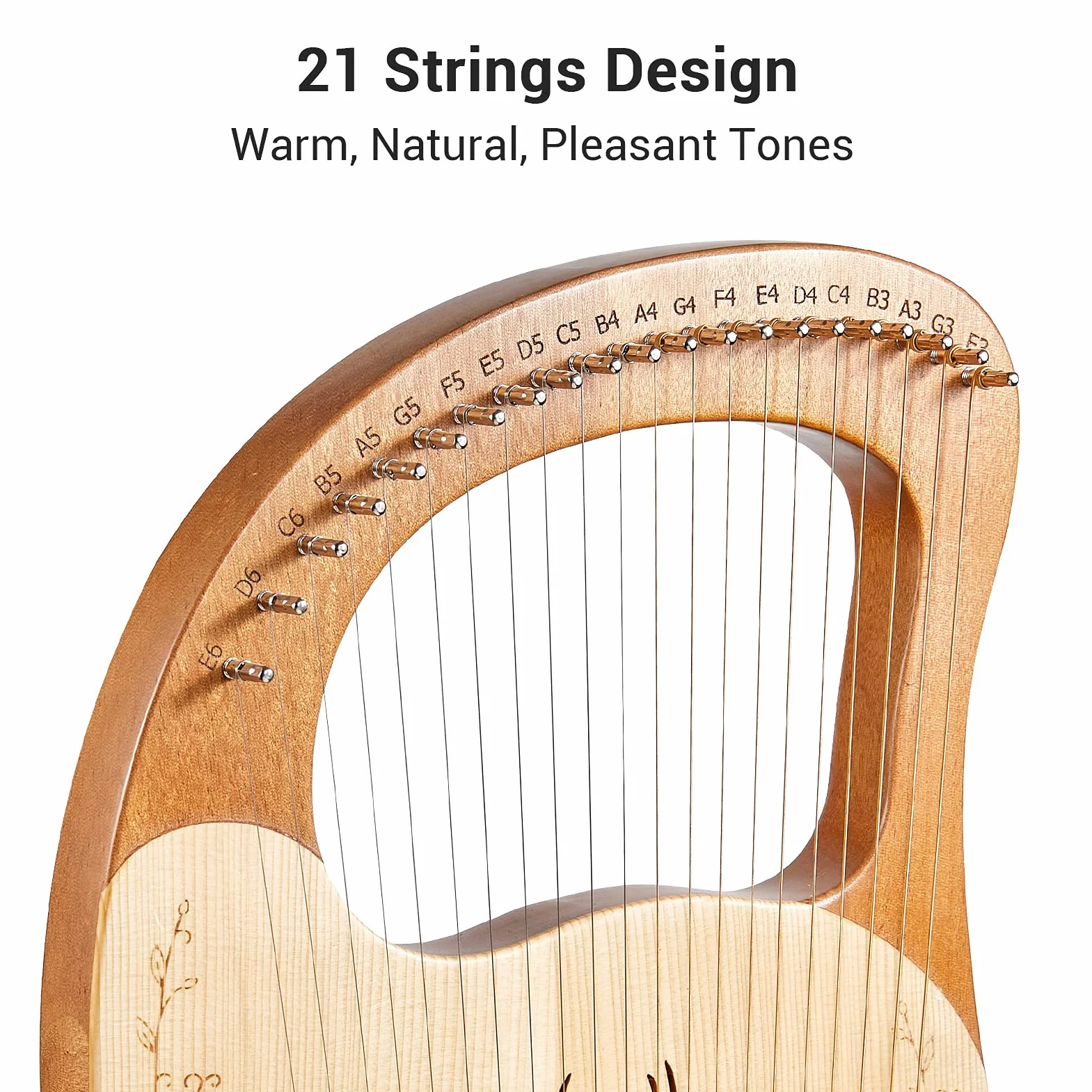 HUIOP lira,Cega 21 cuerdas de metal Lyre Harp Box Lyre Harp Spruce Topboard Tablero de caoba Instrumento de cuerda con llave de afinación Cuerdas Picks Music Note Sticker,arpa lira con llave de afinac