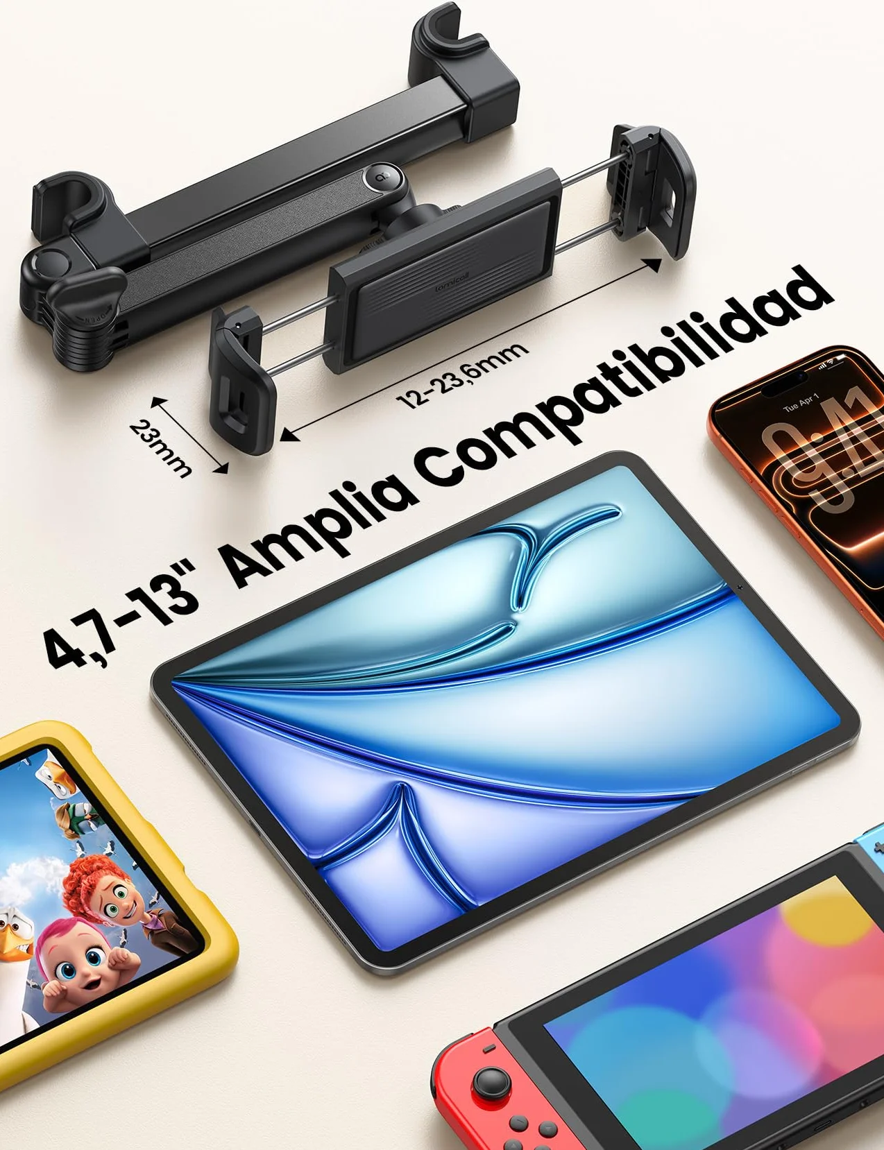 Lamicall Soporte Tablet Coche para Reposacabezas - [Clip Plegable] [con Cerradura] Brazo Metálico, 360° Rotación, Soporte Tablet Plegable para iPad Pro, Air, Mini, Galaxy Tab, y 5,4-13" Dispositivo