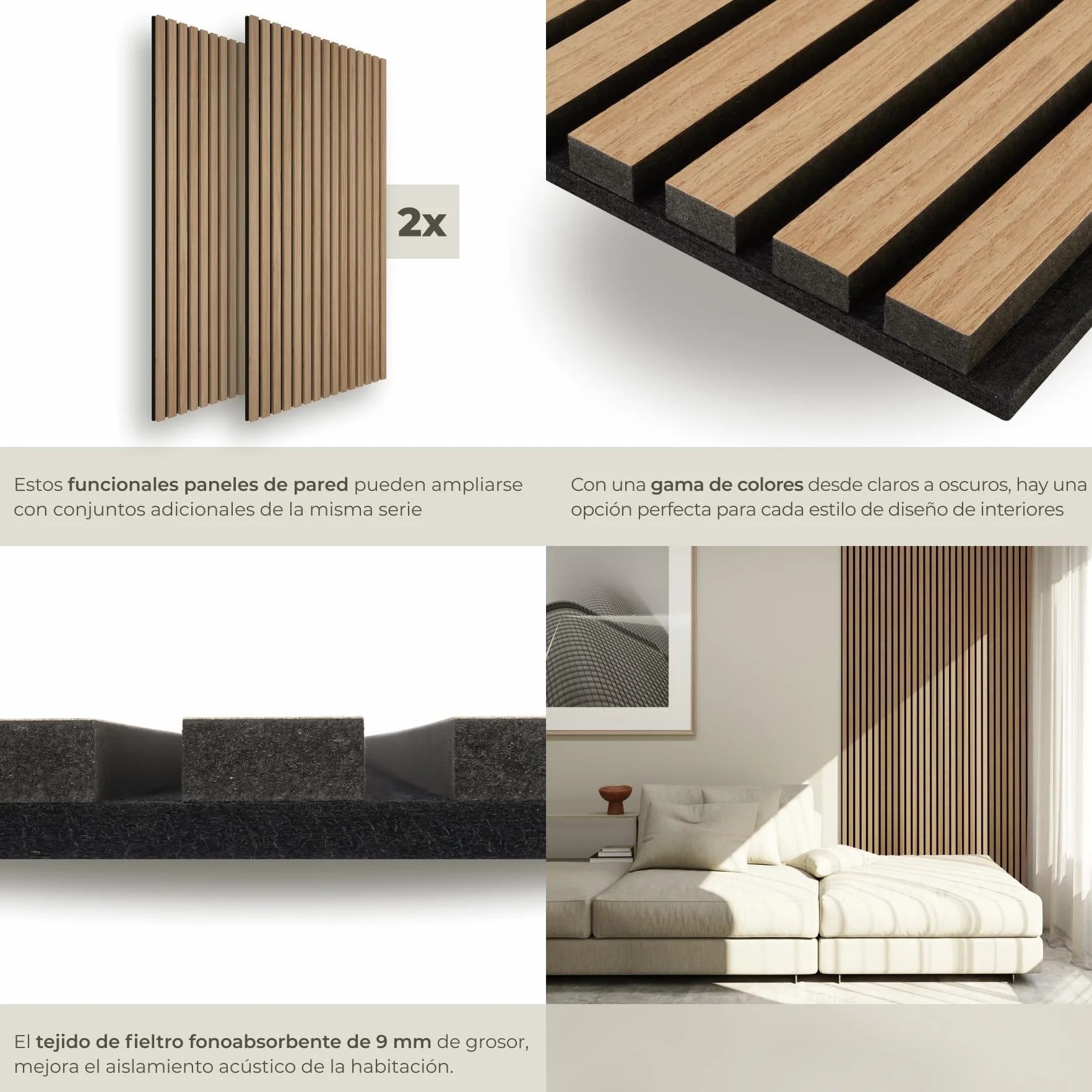 tectake® Paneles de Pared Decorativos MDF, Chapa de Madera Real, Excelente Acústica, Tejido de Fieltro y Madera, Insonorización Acústica Pared - 60 x 120 x 2,1 cm 2 Paneles Roble