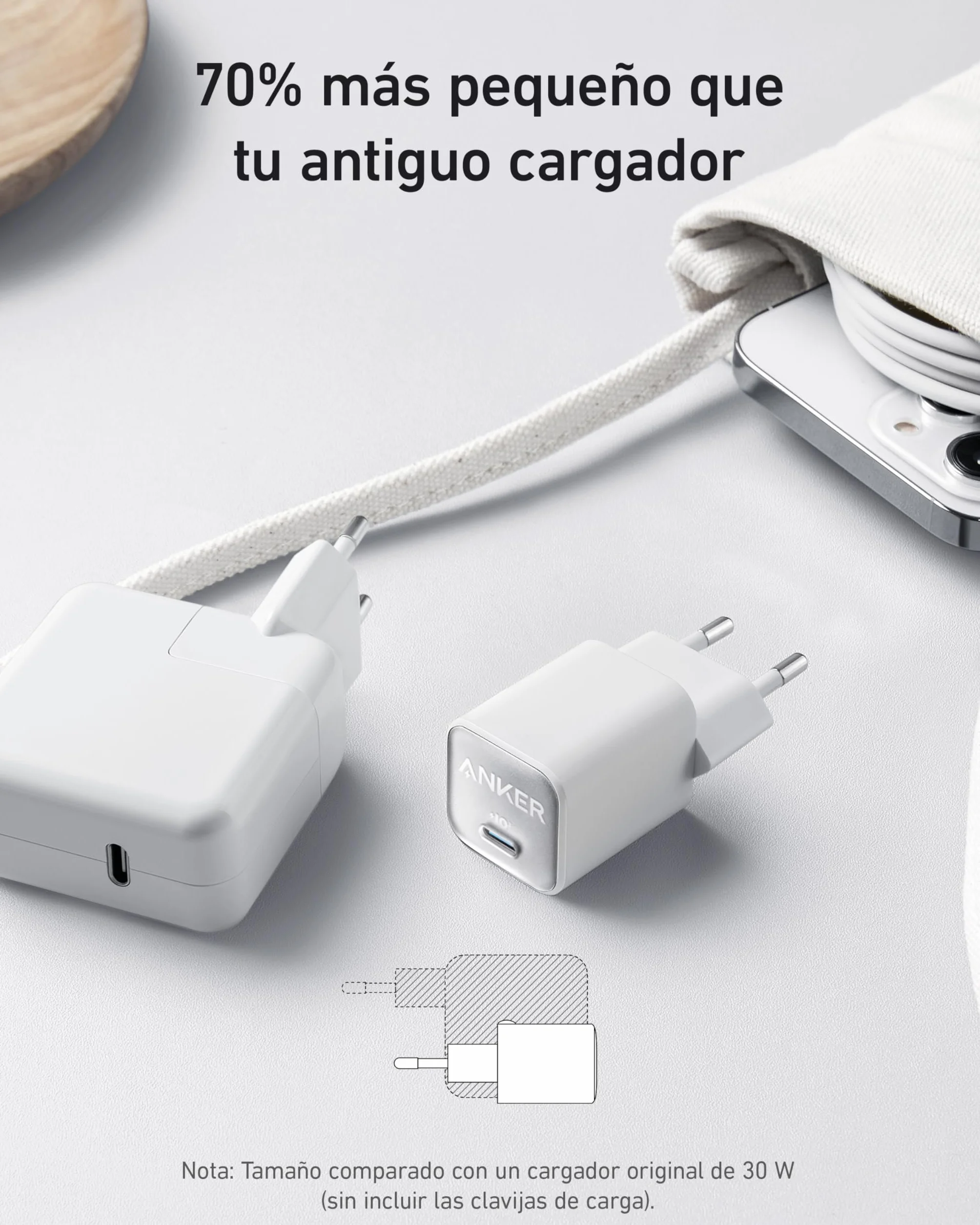 Anker Cargador USB C GaN 30W Nano 3 Rápido PIQ 3.0 PPS Compatible iPhone 17/16/15 Samsung Galaxy
